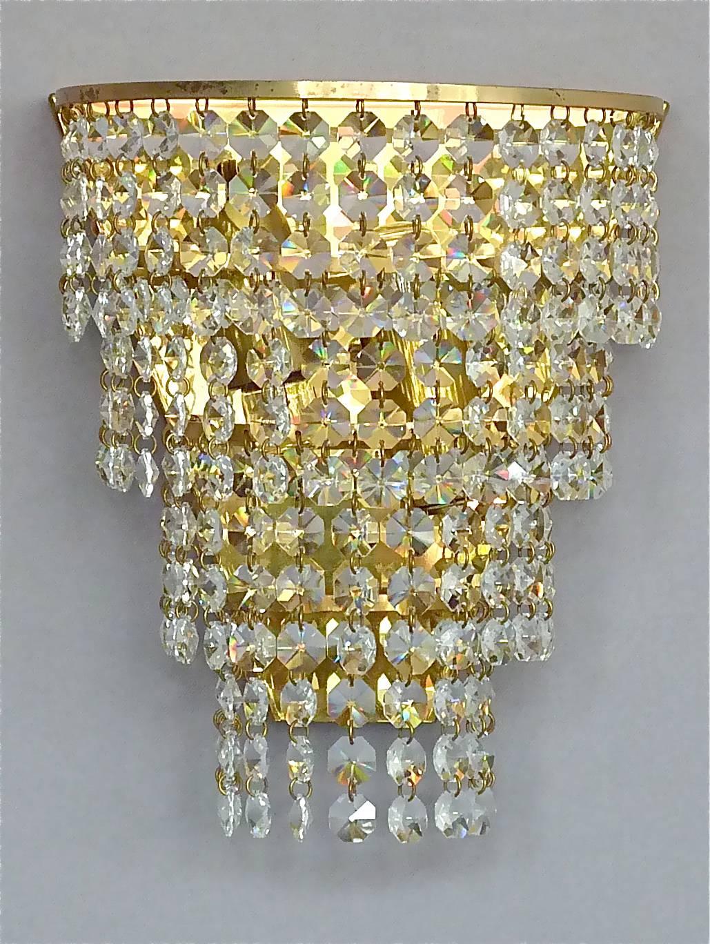 Pair Palwa Sconces Faceted Crystal Glass Brass Cascading Waterfall Wall Lights For Sale 6