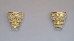 Pair Palwa Sconces Faceted Crystal Glass Brass Cascading Waterfall Wall Lights