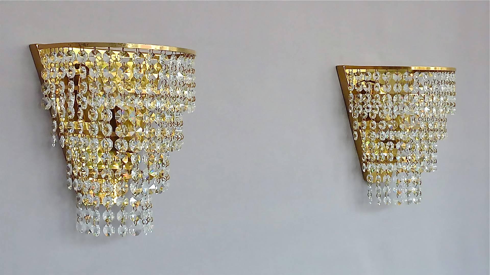 Mid-20th Century Pair Palwa Sconces Faceted Crystal Glass Brass Cascading Waterfall Wall Lights For Sale