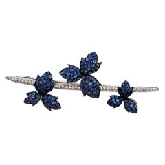 Cascading Floral Bar Pin Brooch in 18K White Gold with Blue Sapphires & Diamonds