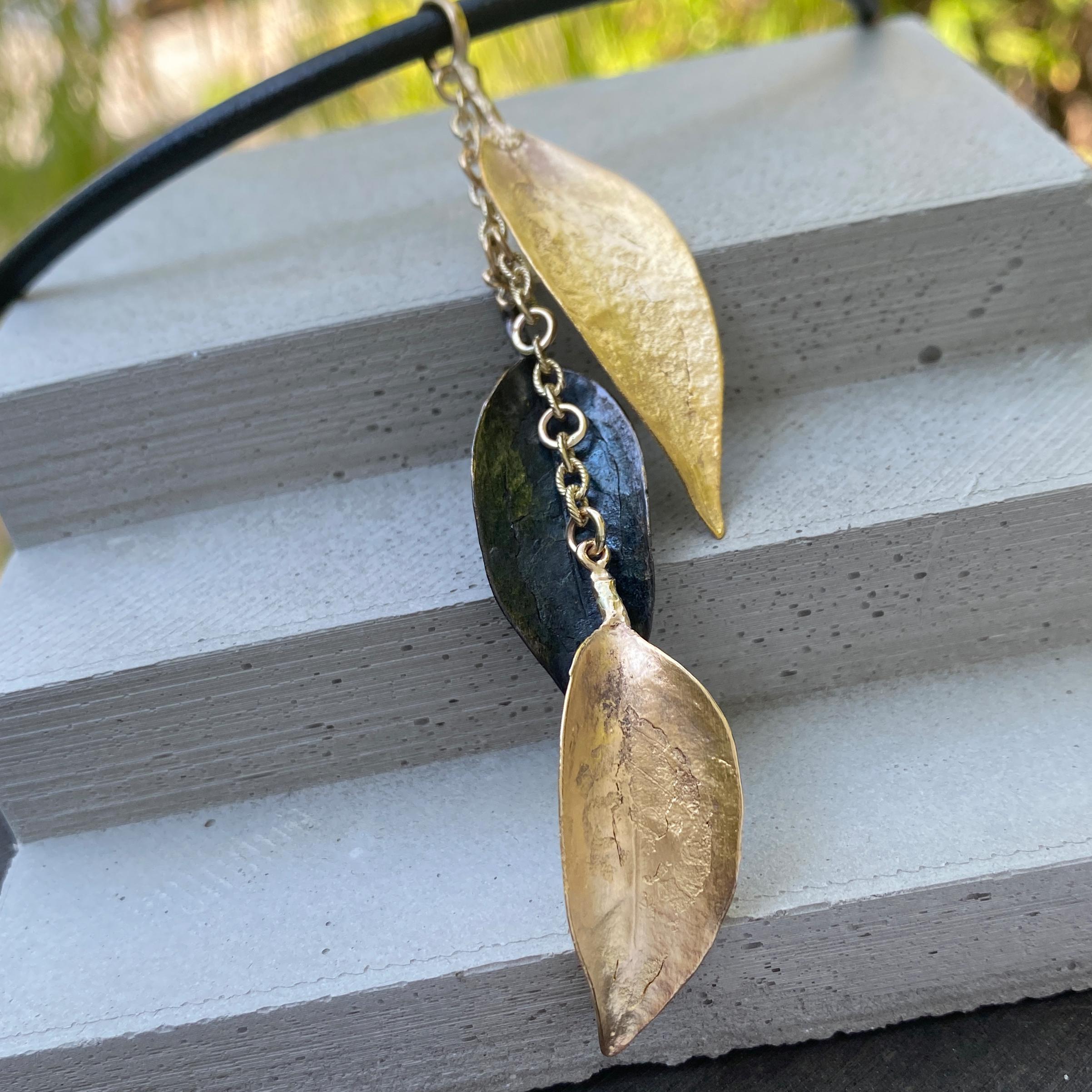 Women's or Men's Cascading Leaves Pendant in Yellow and Oxidized Gold