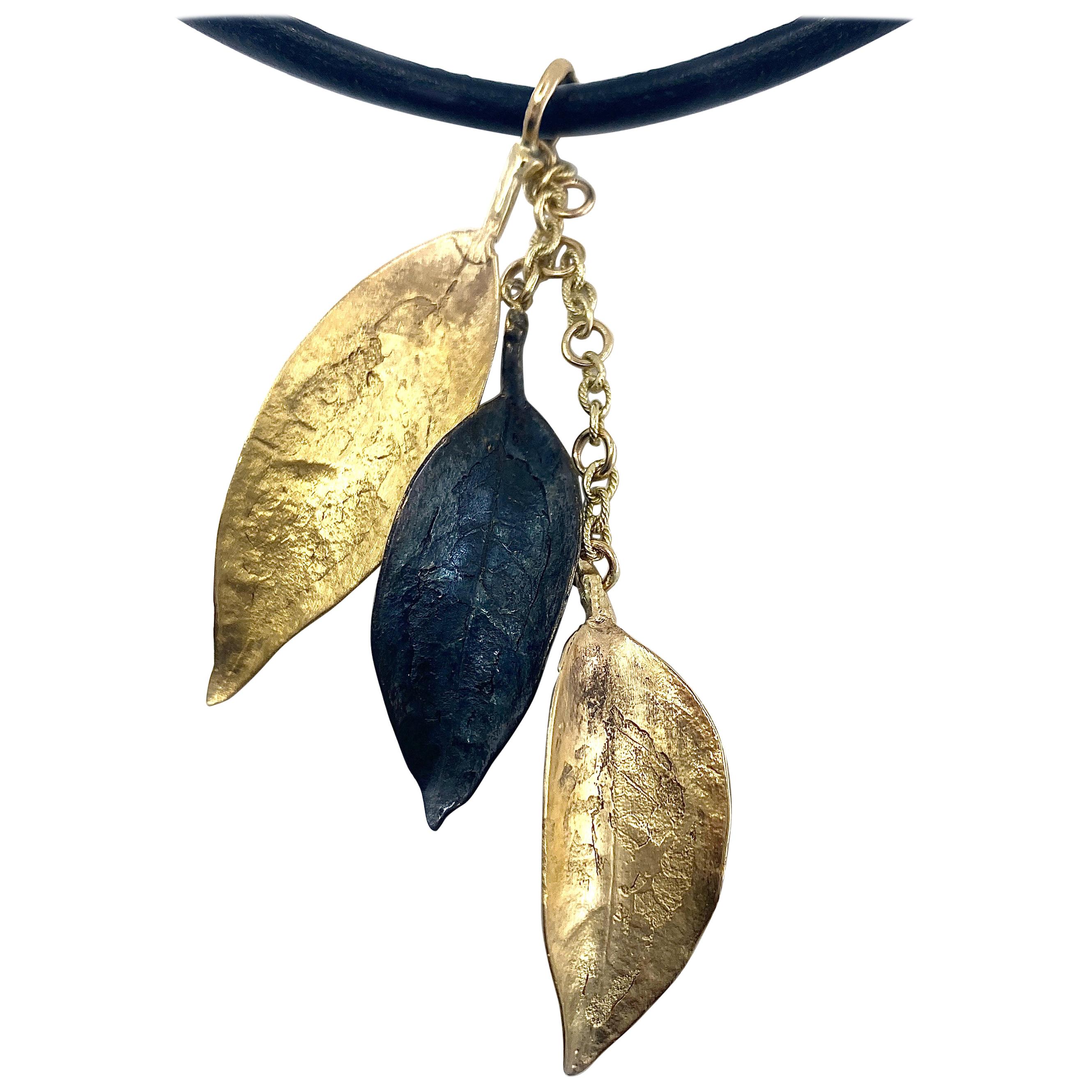 Cascading Leaves Pendant in Yellow and Oxidized Gold
