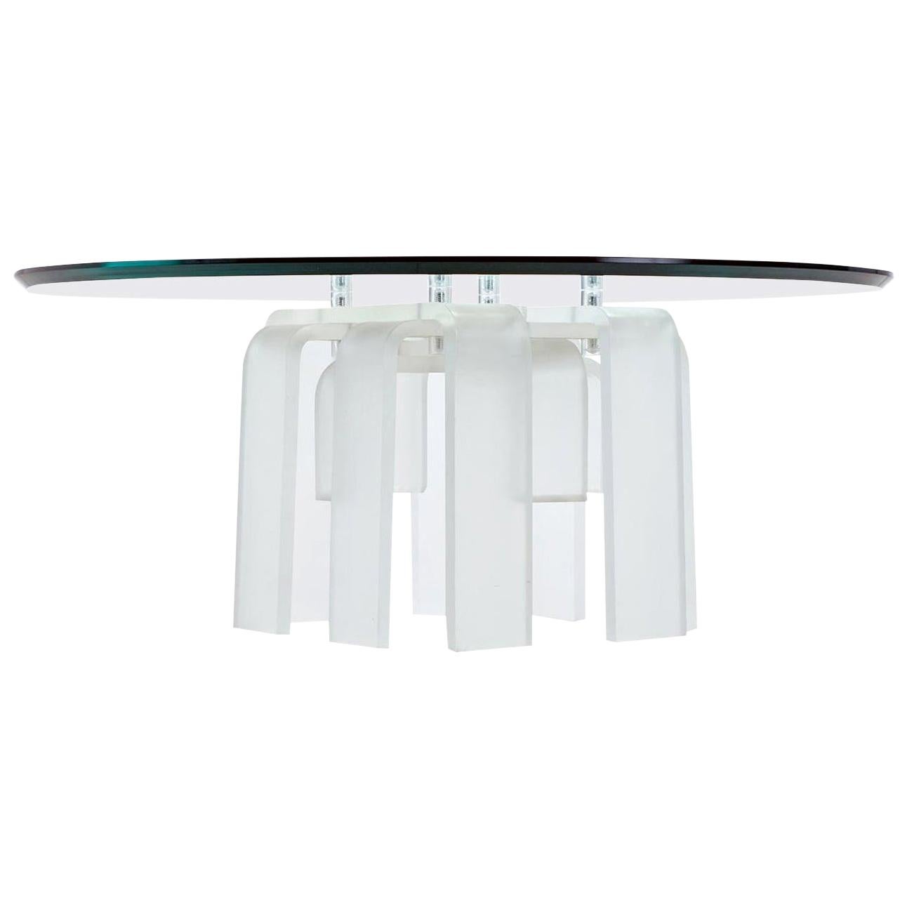 Cascading Leg Frosted Lucite Acrylic Coffee Table with Round Glass Top