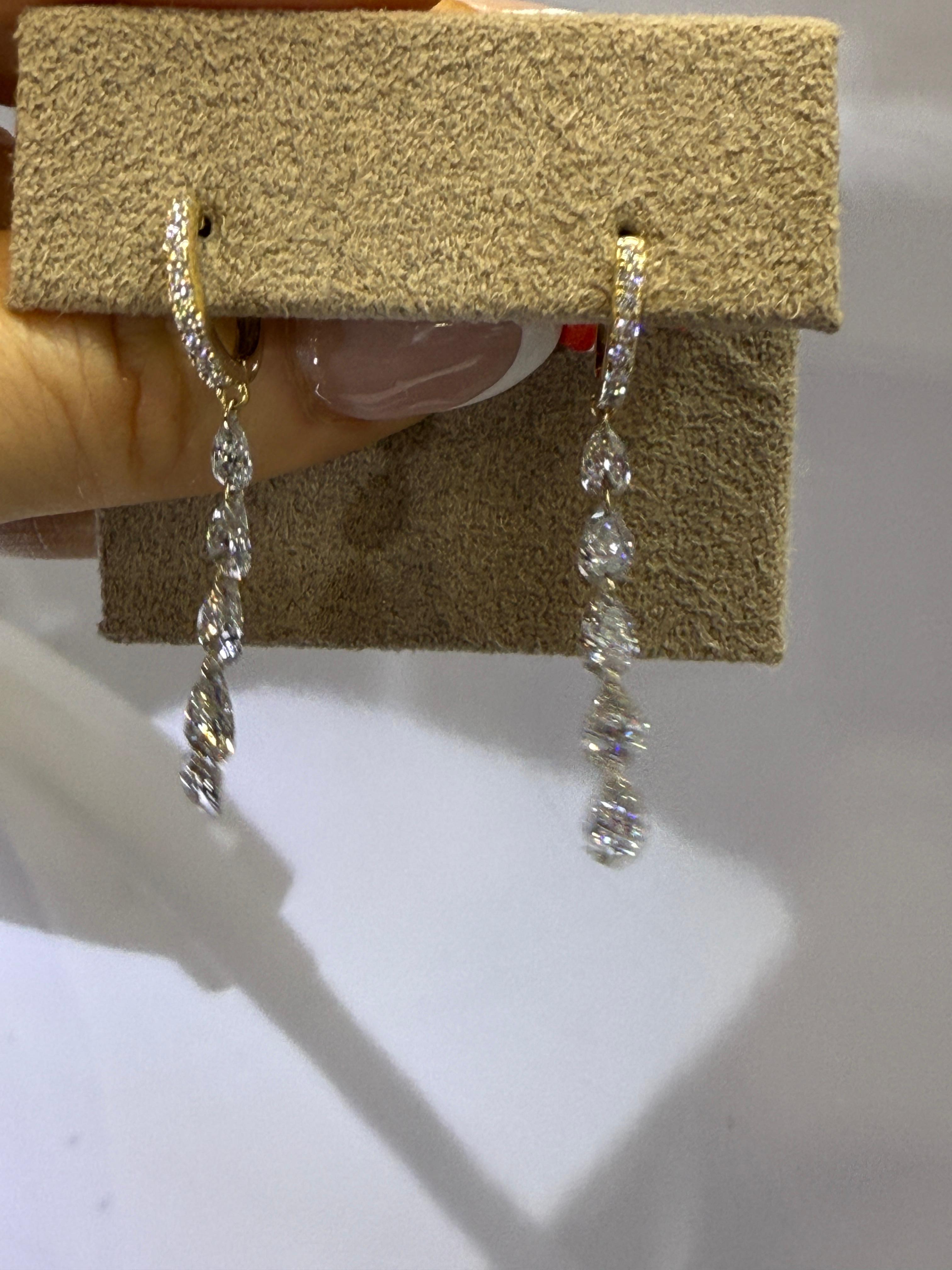 Pear Cut Cascading Pear 14K (or 18k upon request) Gold Pave Hoops Drop Earrings For Sale