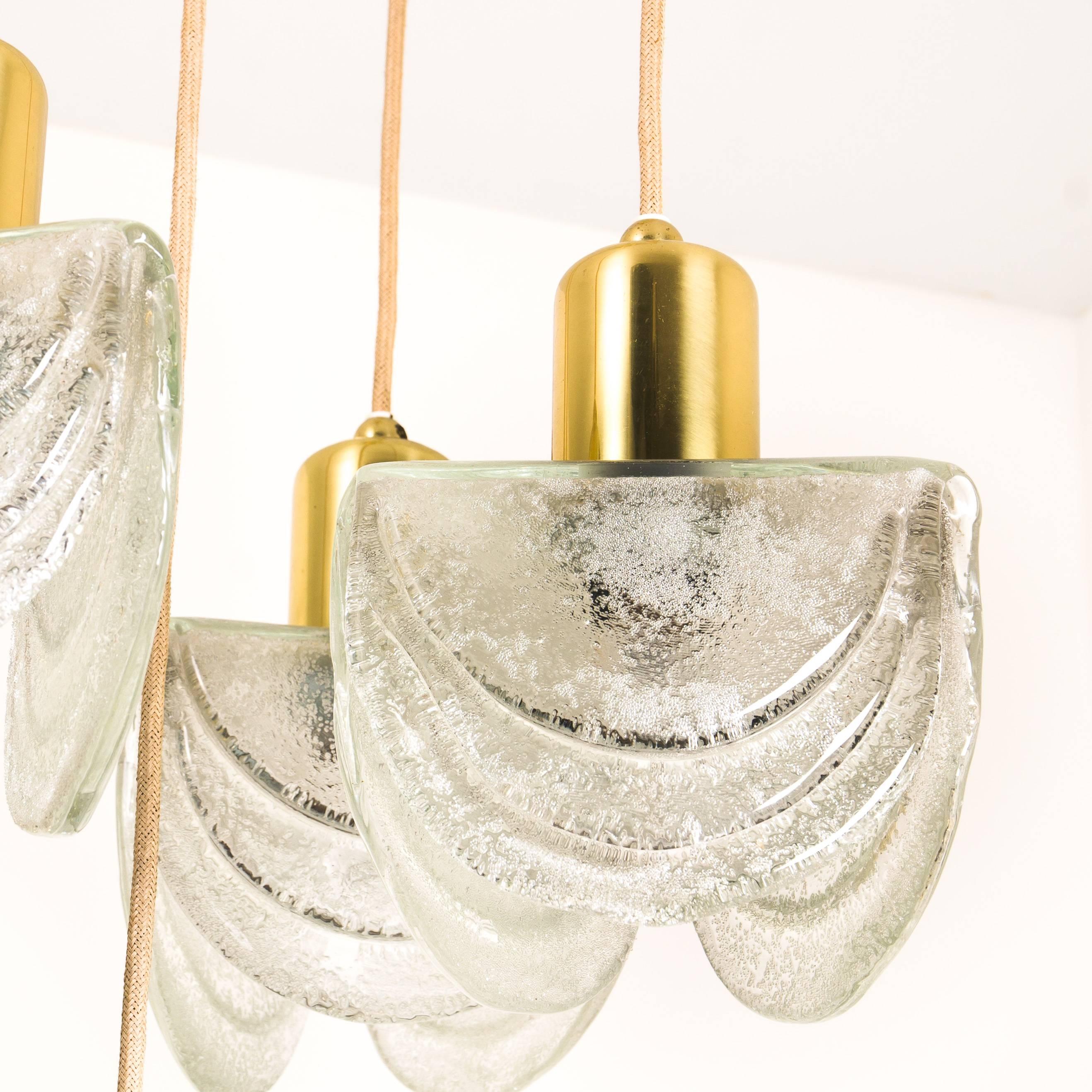 20th Century Cascading Textured Glass and Brass Chandelier, Austria, 1960 For Sale