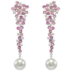 Cascading Tourmaline and Diamond Earrings with Tahitian Pearl