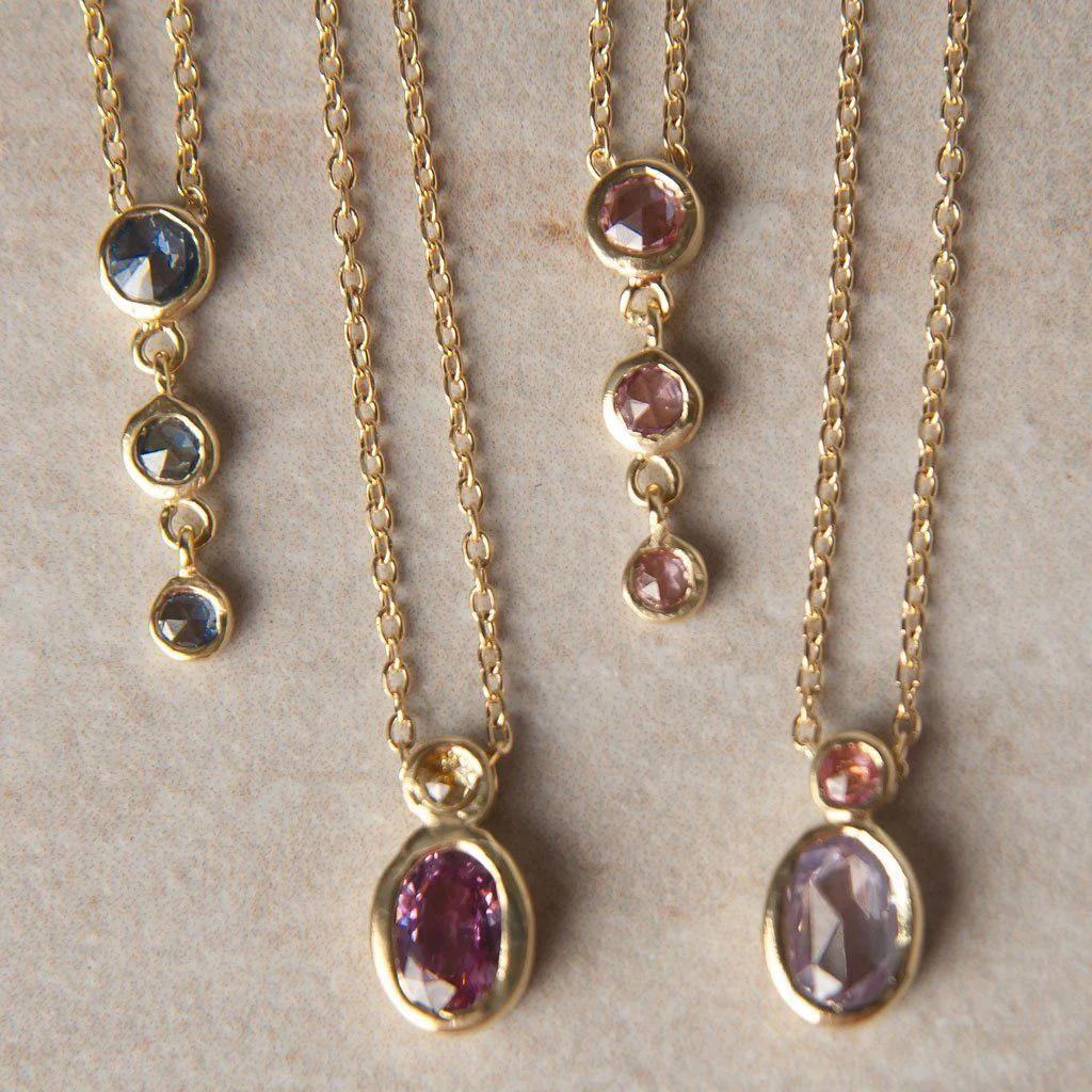 Rose Cut Cascading Trinity Pink Sapphire Necklace For Sale