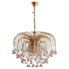 Cascading Venetian Chandelier with Pink Murano Glass Flowers, Italy, 1970s