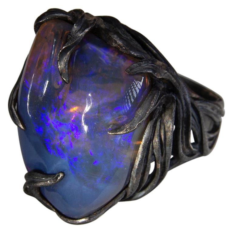 Large Australian Opal Ring Cascading Waves Dark Neon Electric