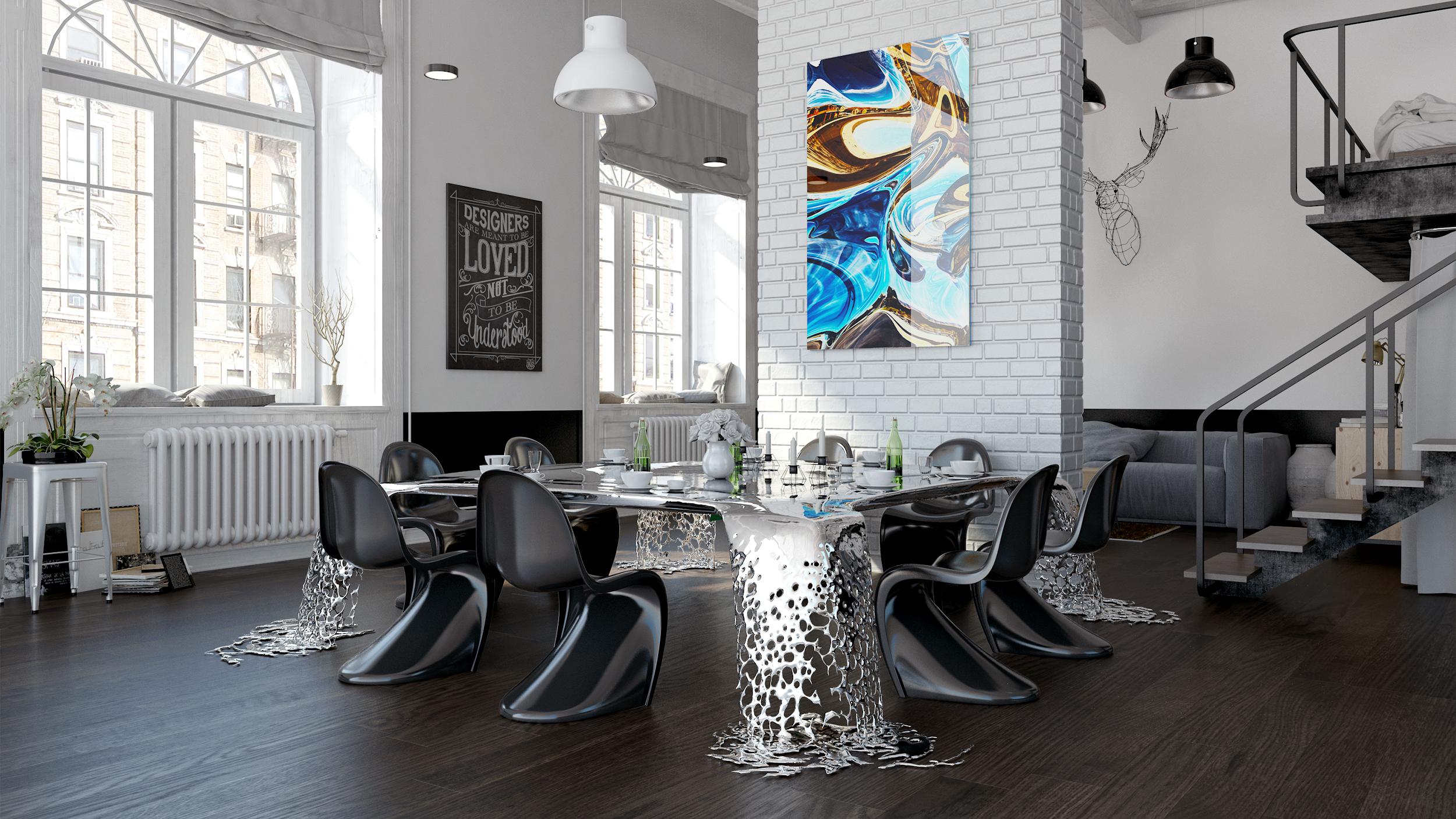 The Cascatta Dining Table, a masterwork from Katz Studio's Cascatta Collection, embodies the essence of fluid dynamics translated into a tangible form. Crafted entirely from mirror-polished stainless steel, this table is a tribute to the grace and