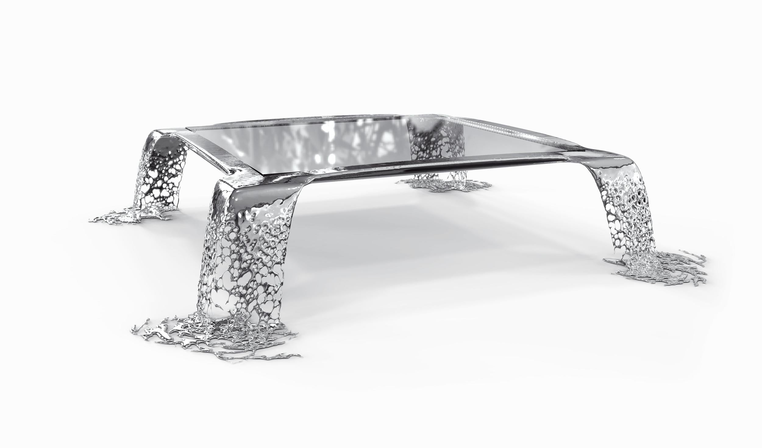 Moulage Table de salle à manger carrée en acier inoxydable et miroir poli Cascatta en vente