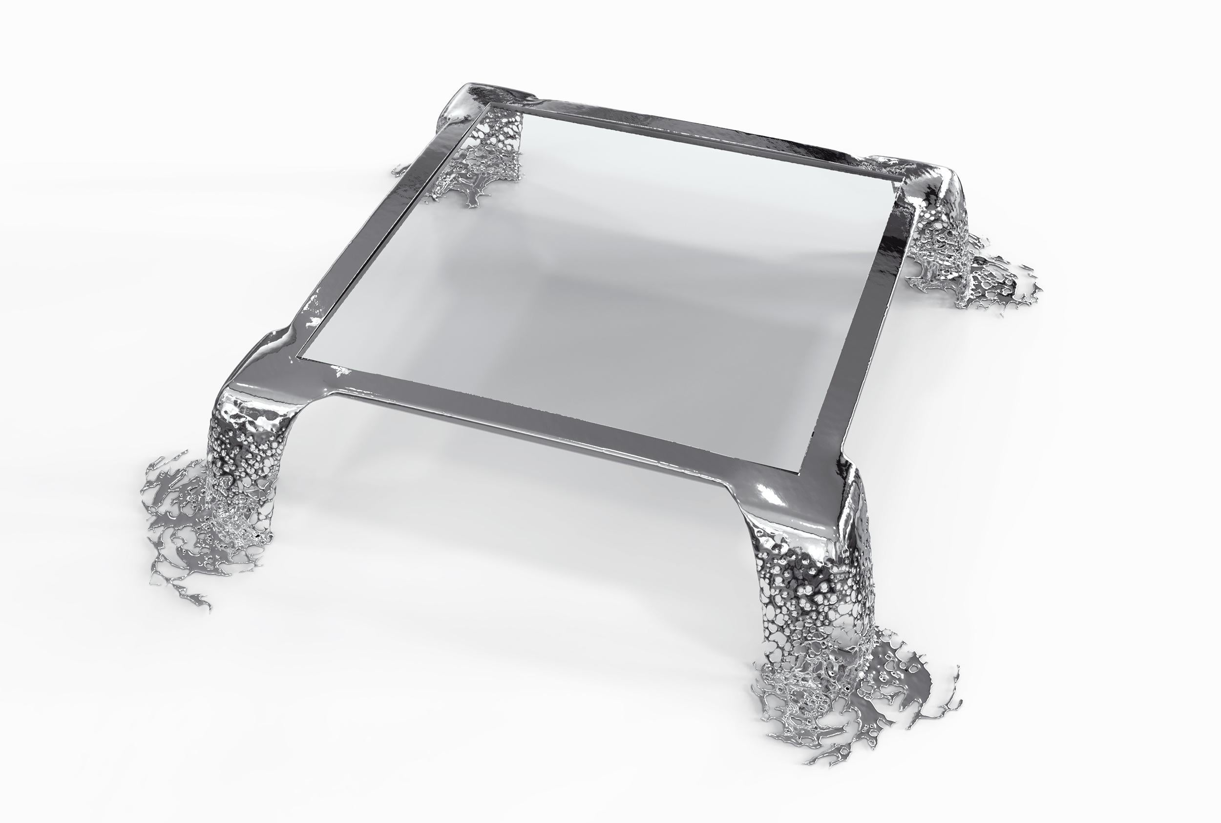 XXIe siècle et contemporain Table de salle à manger carrée en acier inoxydable et miroir poli Cascatta en vente