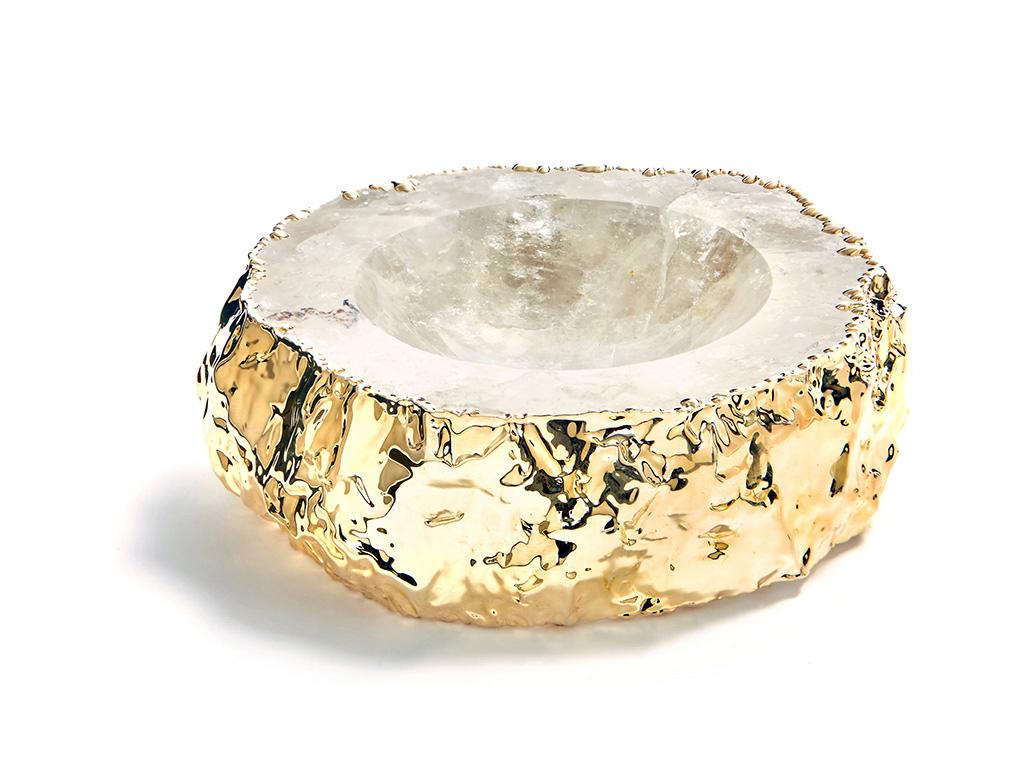 These hand carved, solid semi-precious gemstone bowls are electroplated in pure silver and 24-karat gold. Authentic and substantial, these modern vessels are designed to last a lifetime. Now available in natural agate.
 