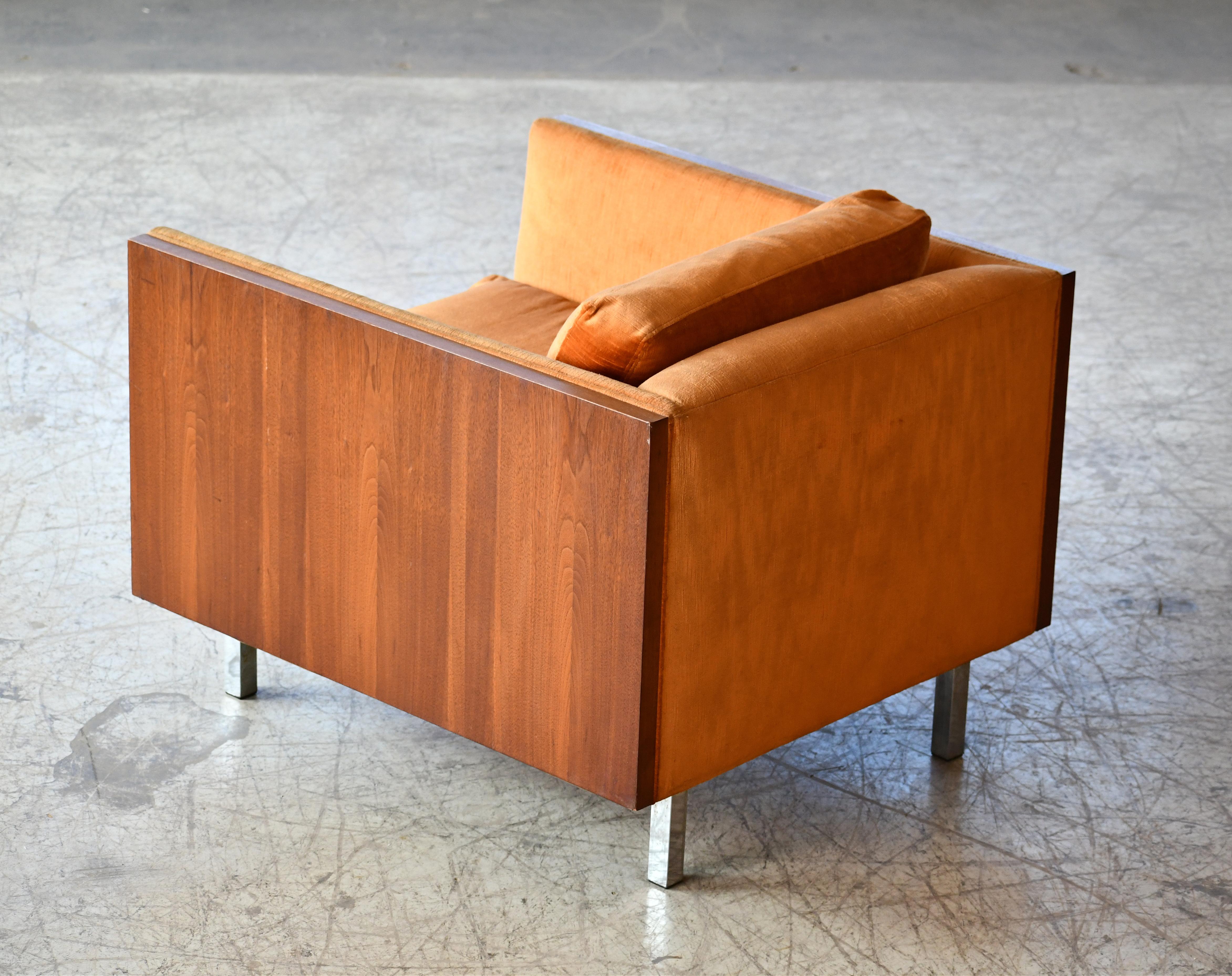 Chrome Case Lounge Chair in Velvet and Walnut by Milo Baughman For Sale