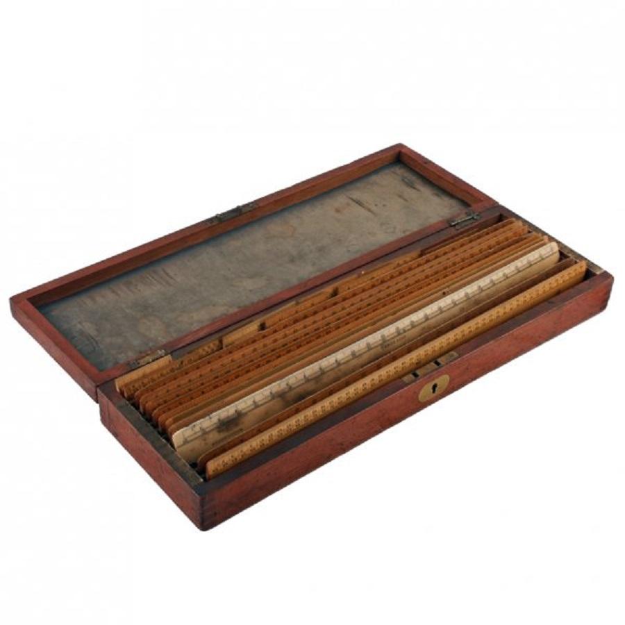 A late 19th century mahogany box of engine divided rulers by David Robertson & Co Ltd Glasgow.

The mahogany box is brass pinned and has an inset plaque with 'R.B. McKeen' engraved on.

The box holds ten 12