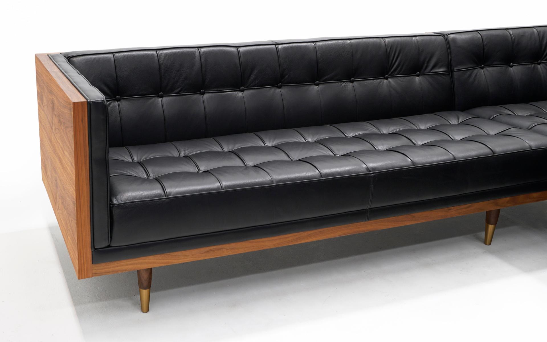 Mid-Century Modern Case Sofa Sectional with Chaise in Black Leather and Walnut by Kardiel