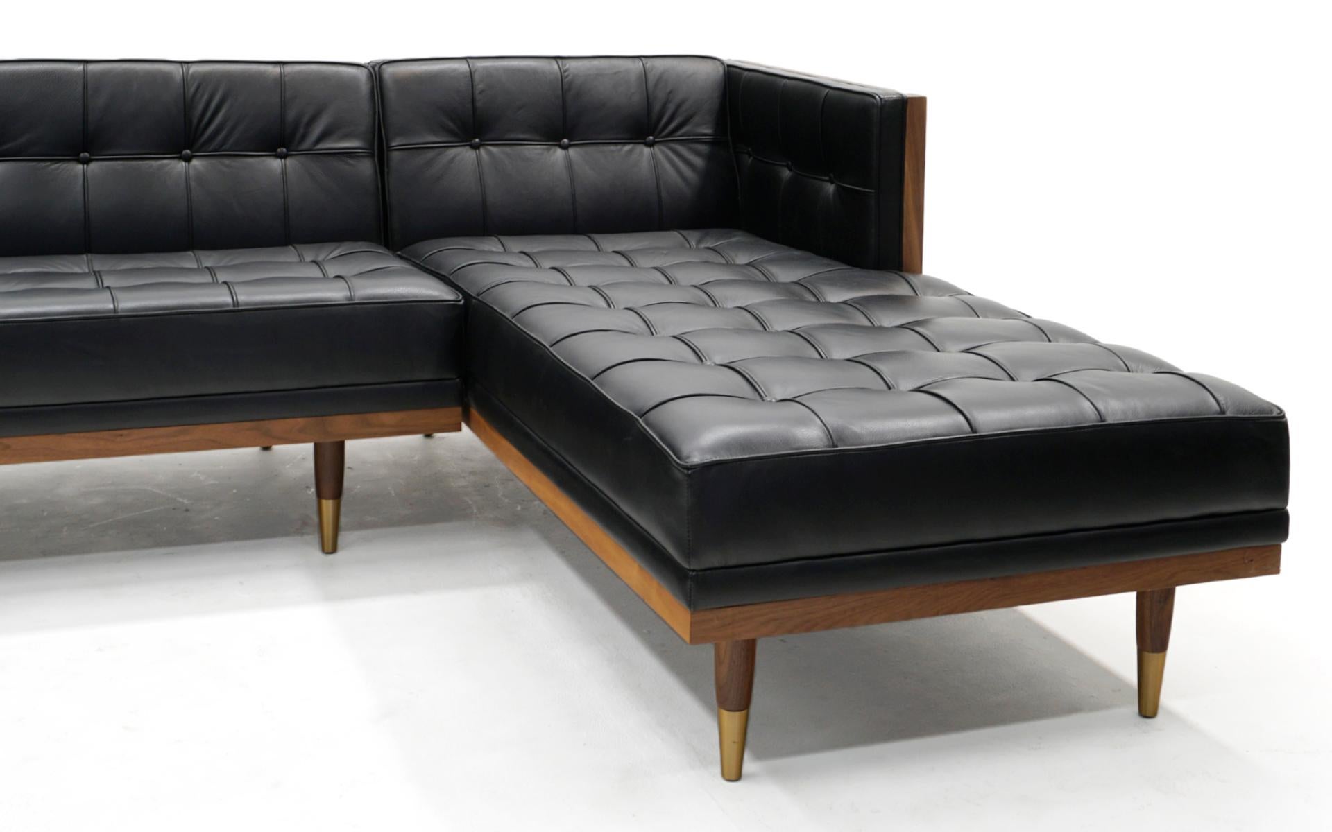 Case Sofa Sectional with Chaise in Black Leather and Walnut by Kardiel In Good Condition In Kansas City, MO