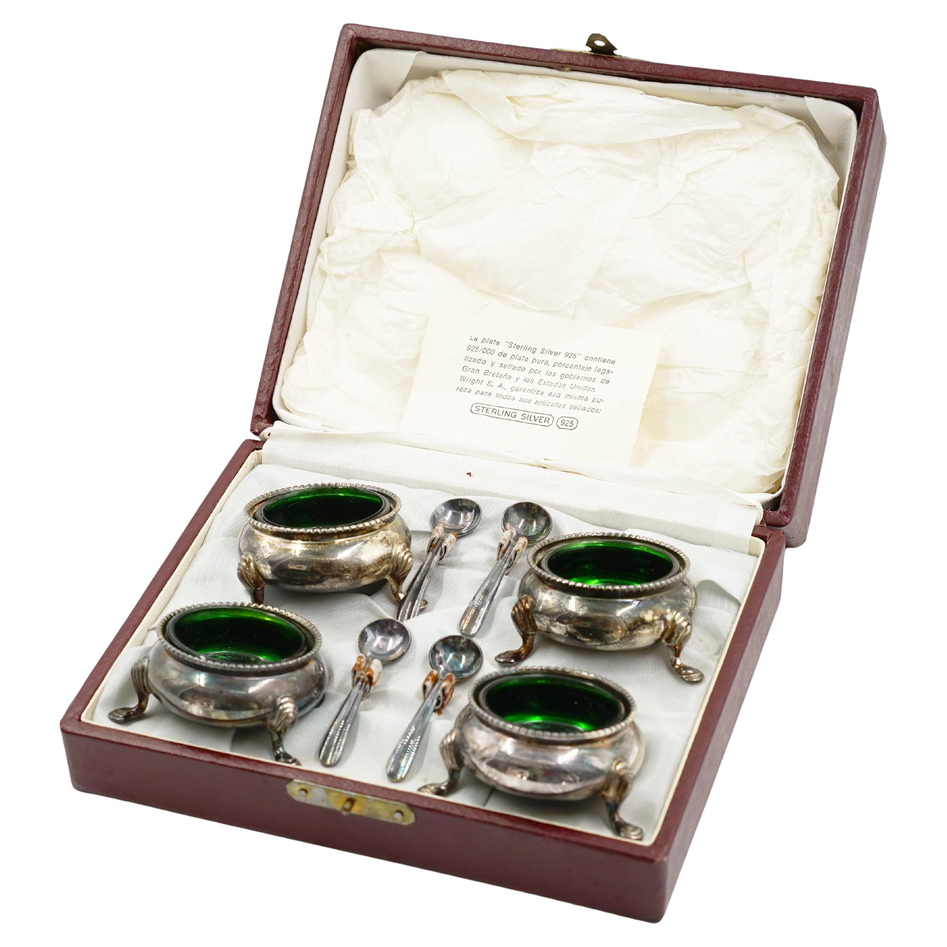 Case with solid silver salt and pepper bowls For Sale