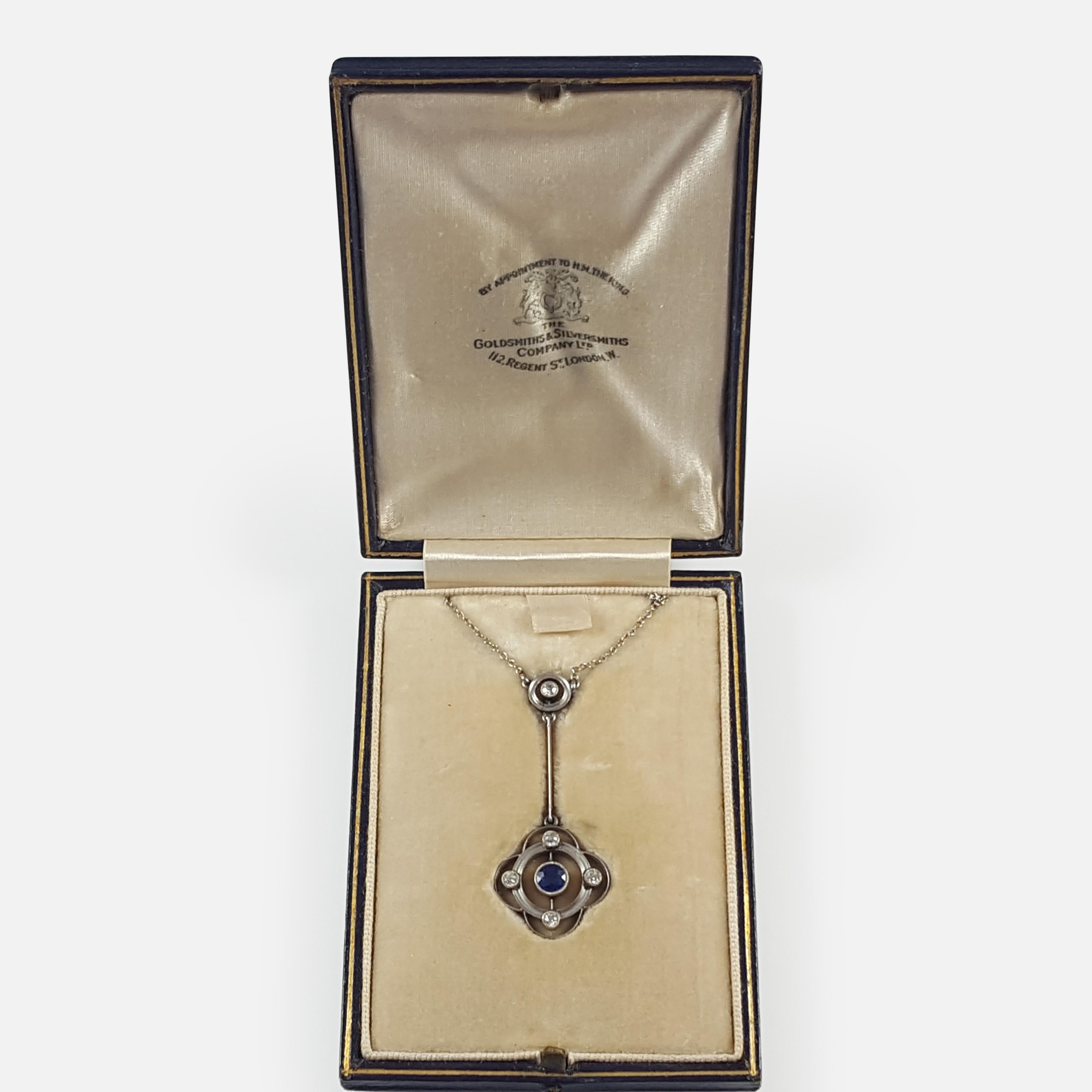 Women's Cased 15 Karat Gold Sapphire and Diamond Pendant Drop Necklace