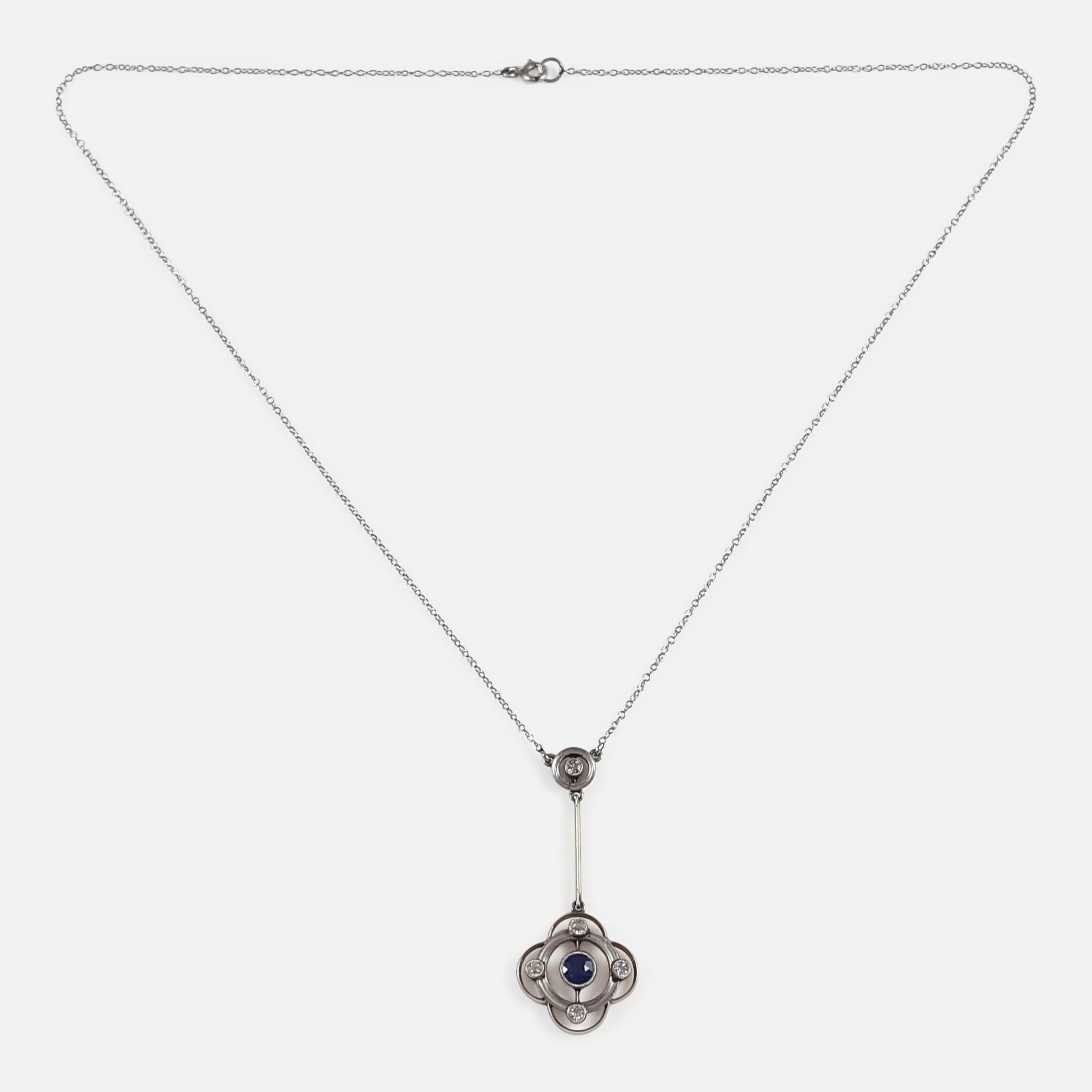 Cased 15 Karat Gold Sapphire and Diamond Pendant Drop Necklace 3
