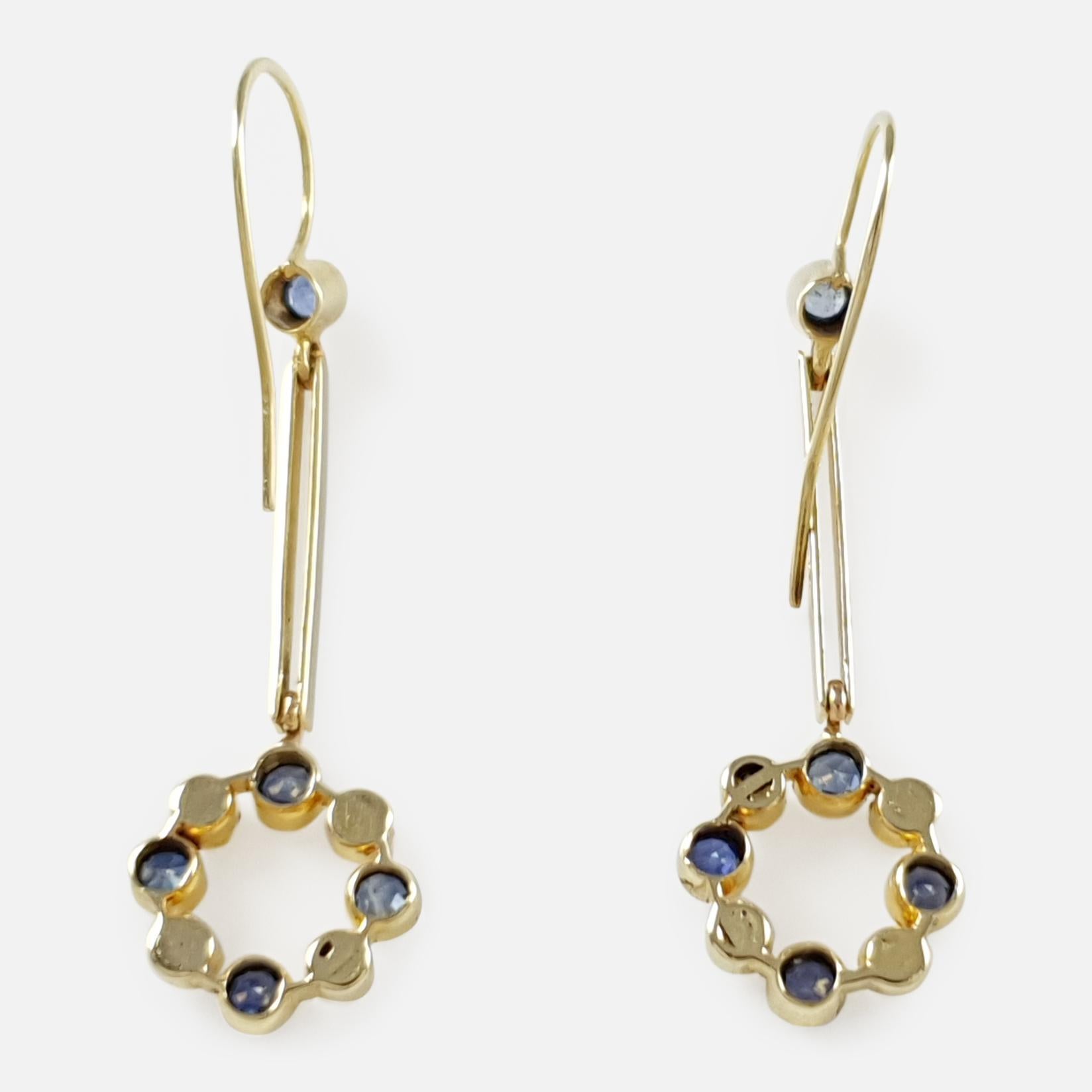 Cased 15 Karat Gold Sapphire and Seed Pearl Pendant Drop Earrings 6