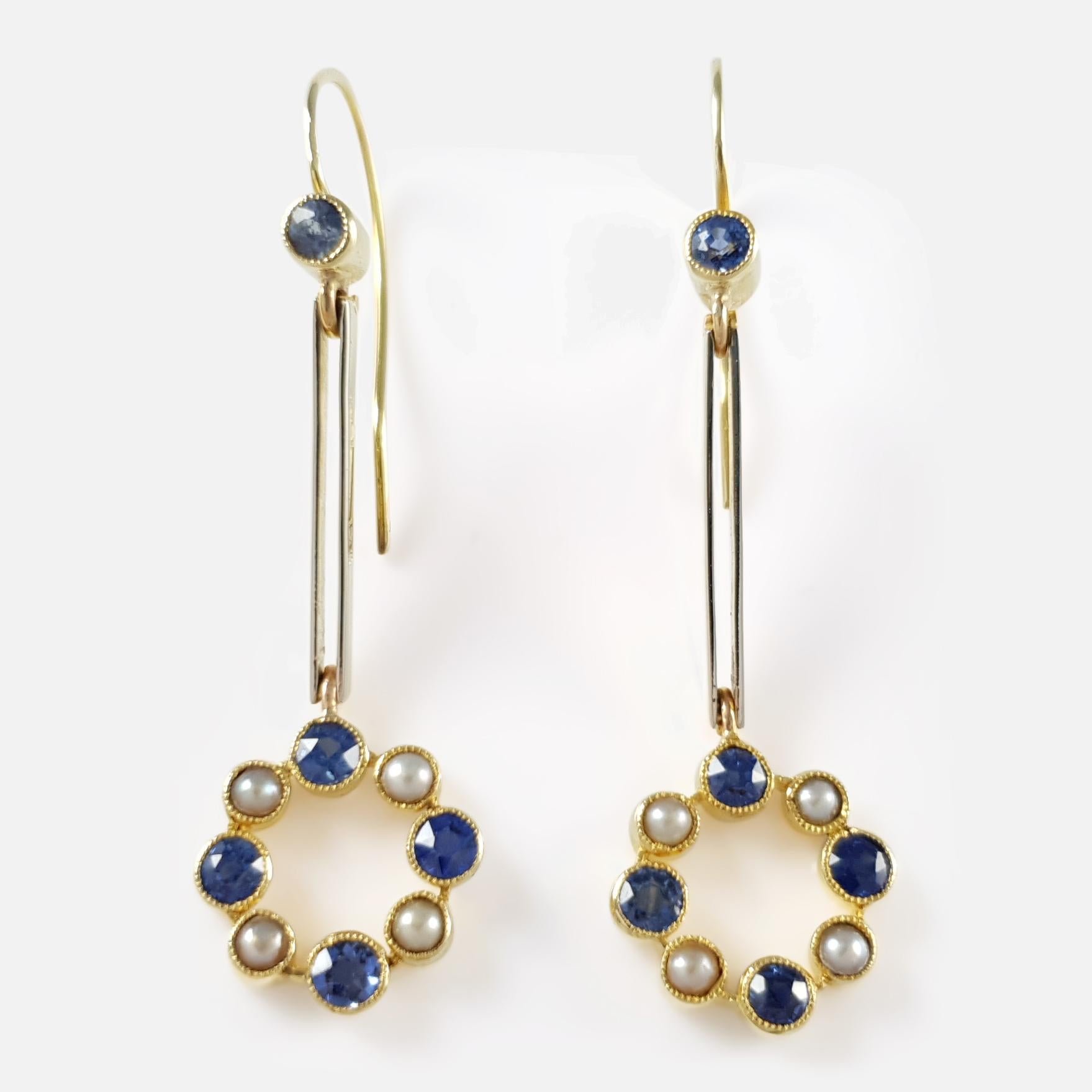 Art Deco Cased 15 Karat Gold Sapphire and Seed Pearl Pendant Drop Earrings
