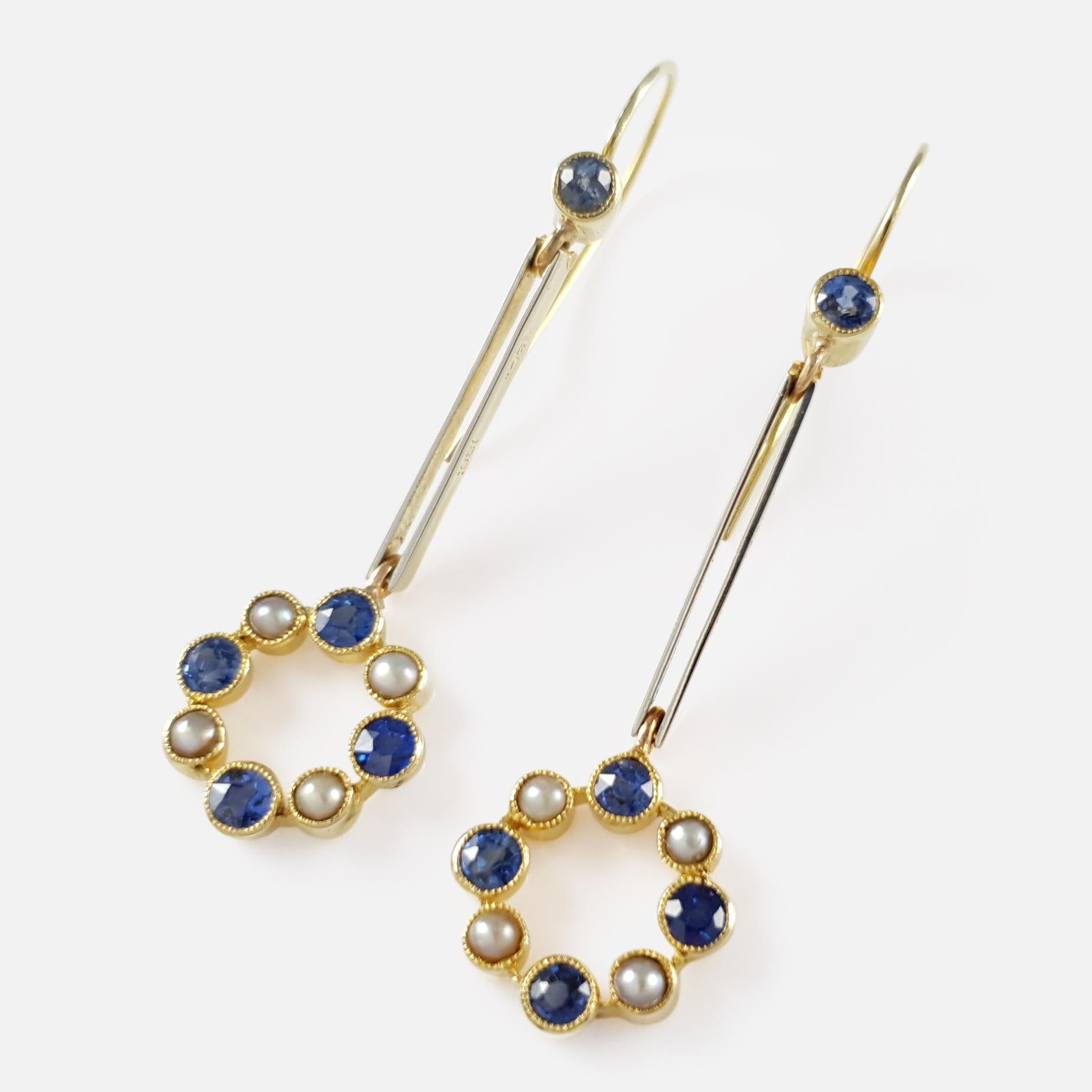 Cased 15 Karat Gold Sapphire and Seed Pearl Pendant Drop Earrings In Good Condition In Glasgow, GB