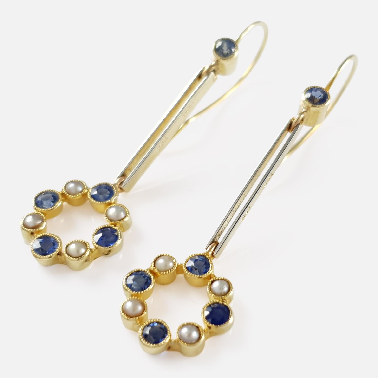 Women's Cased 15 Karat Gold Sapphire and Seed Pearl Pendant Drop Earrings