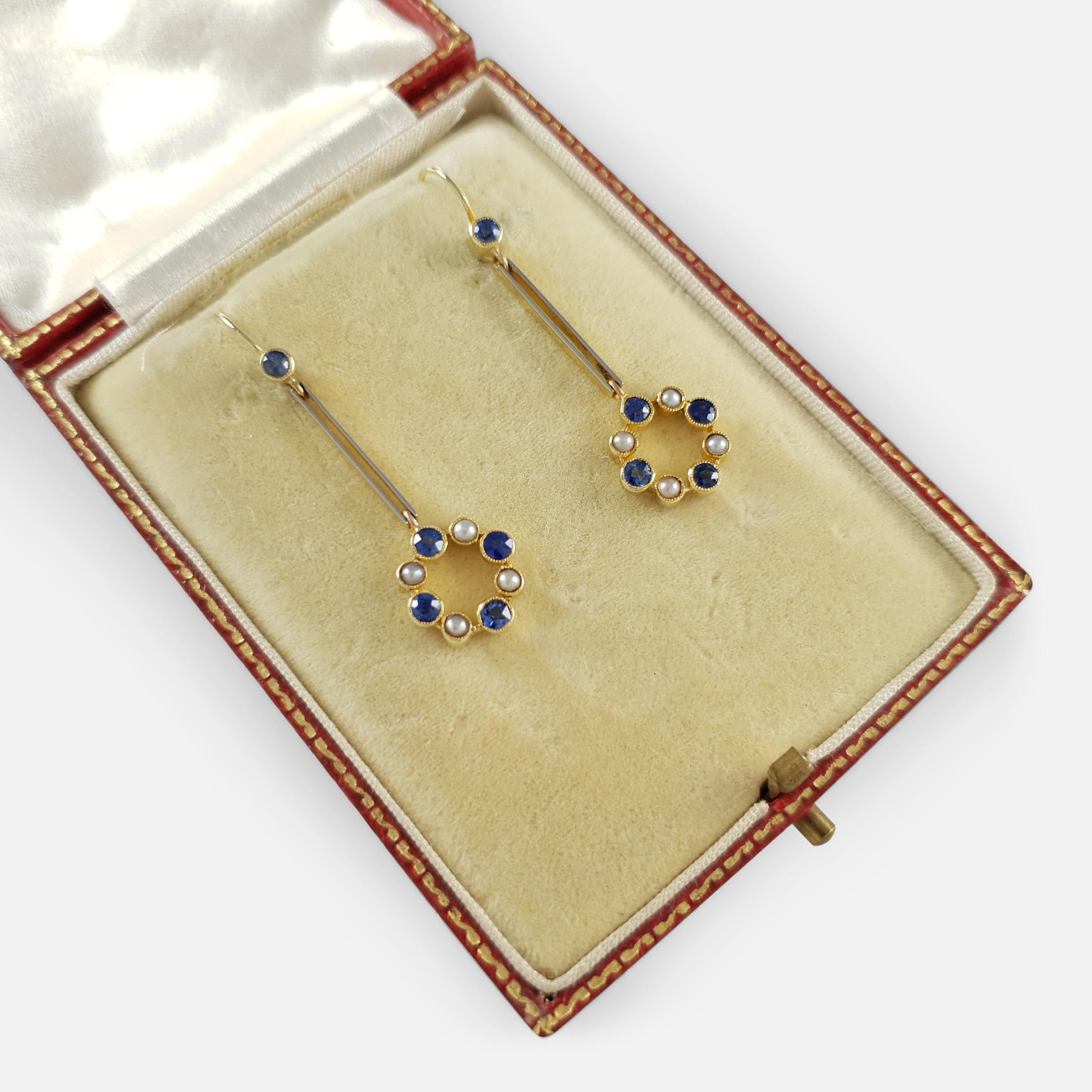 Cased 15 Karat Gold Sapphire and Seed Pearl Pendant Drop Earrings 2
