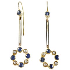 Cased 15 Karat Gold Sapphire and Seed Pearl Pendant Drop Earrings