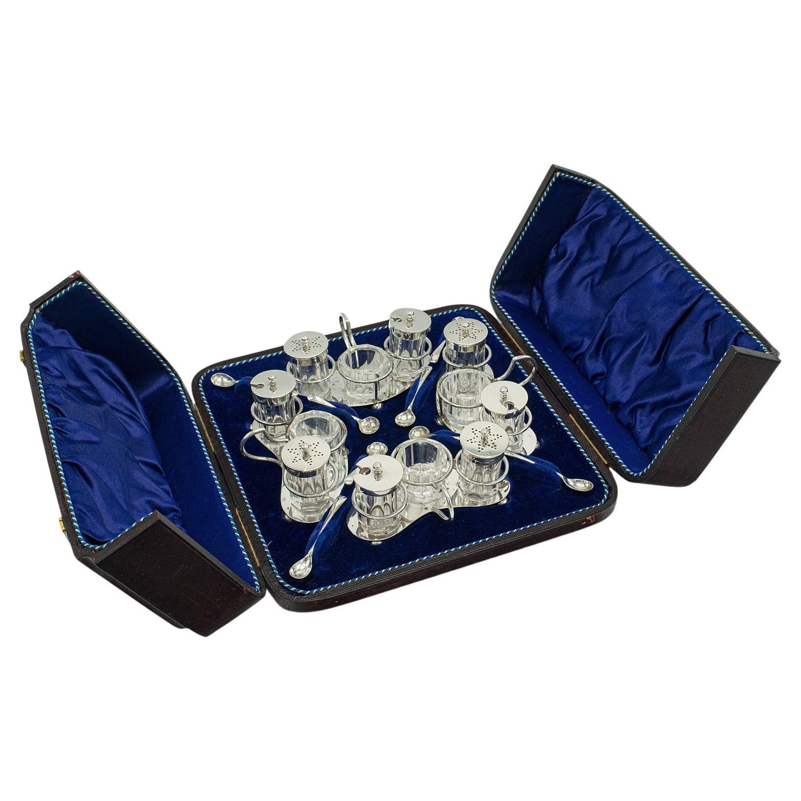 Cased Antique Cruets, English, Silver Plate, Condiment Stands, Edwardian, C.1910 For Sale