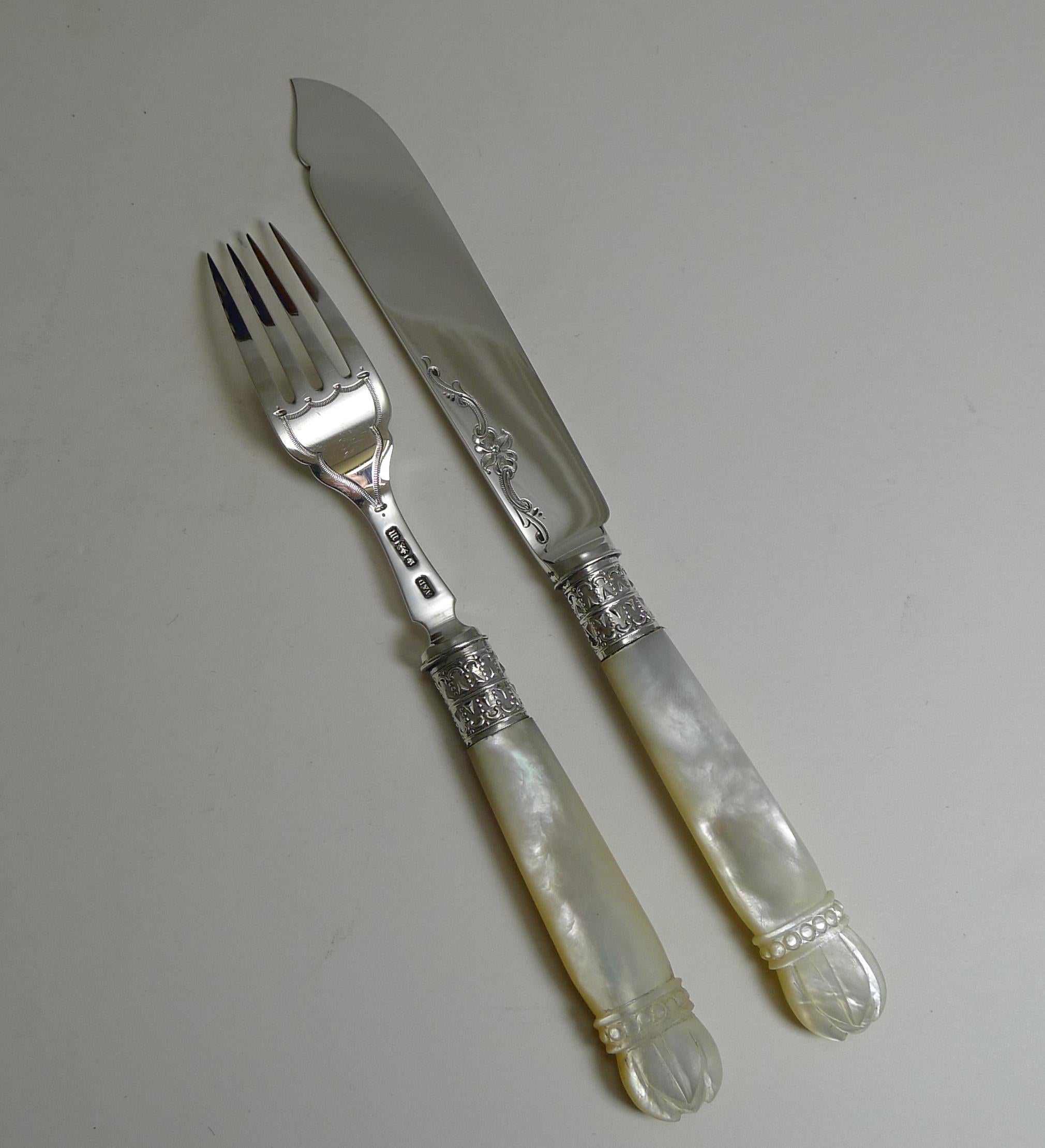Cased Antique English Sterling Silver and Mother of Pearl Fish Cutlery, 1904 5