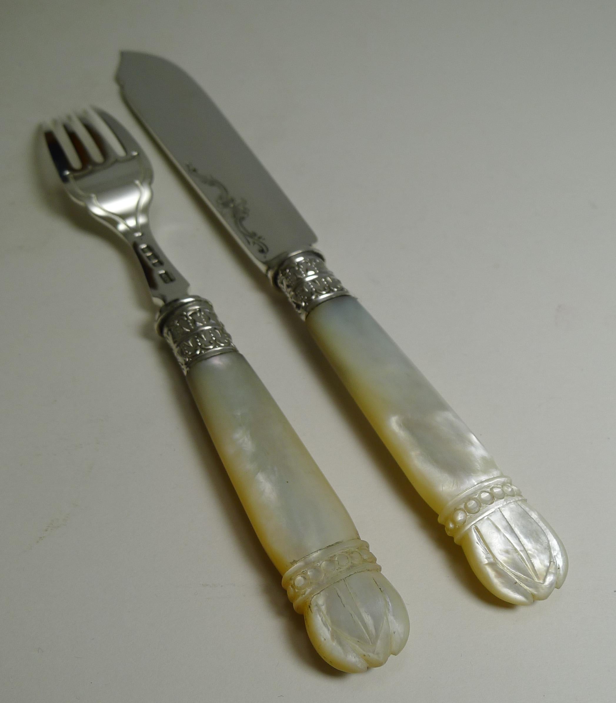 Cased Antique English Sterling Silver and Mother of Pearl Fish Cutlery, 1904 6