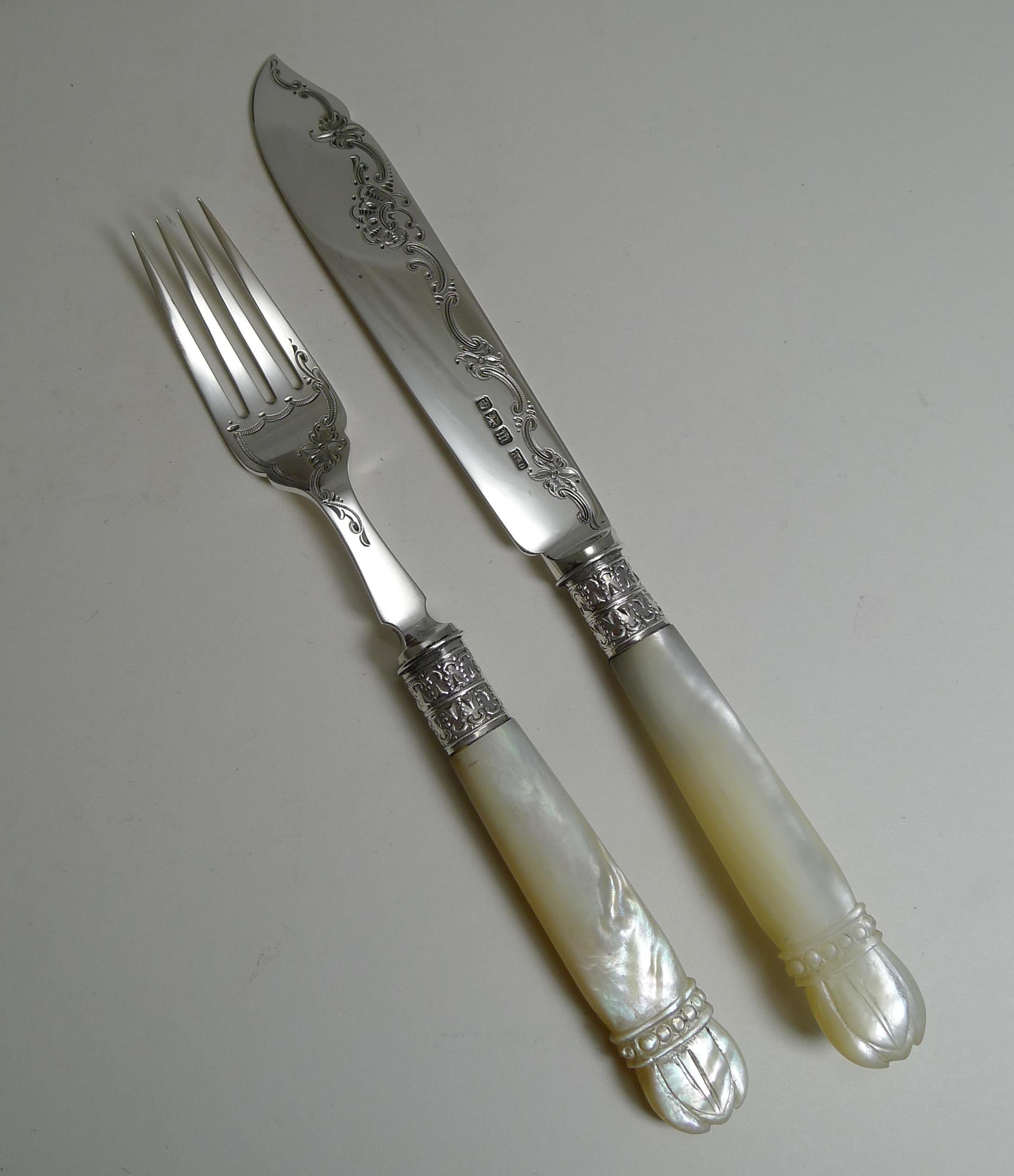 Cased Antique English Sterling Silver and Mother of Pearl Fish Cutlery, 1904 4