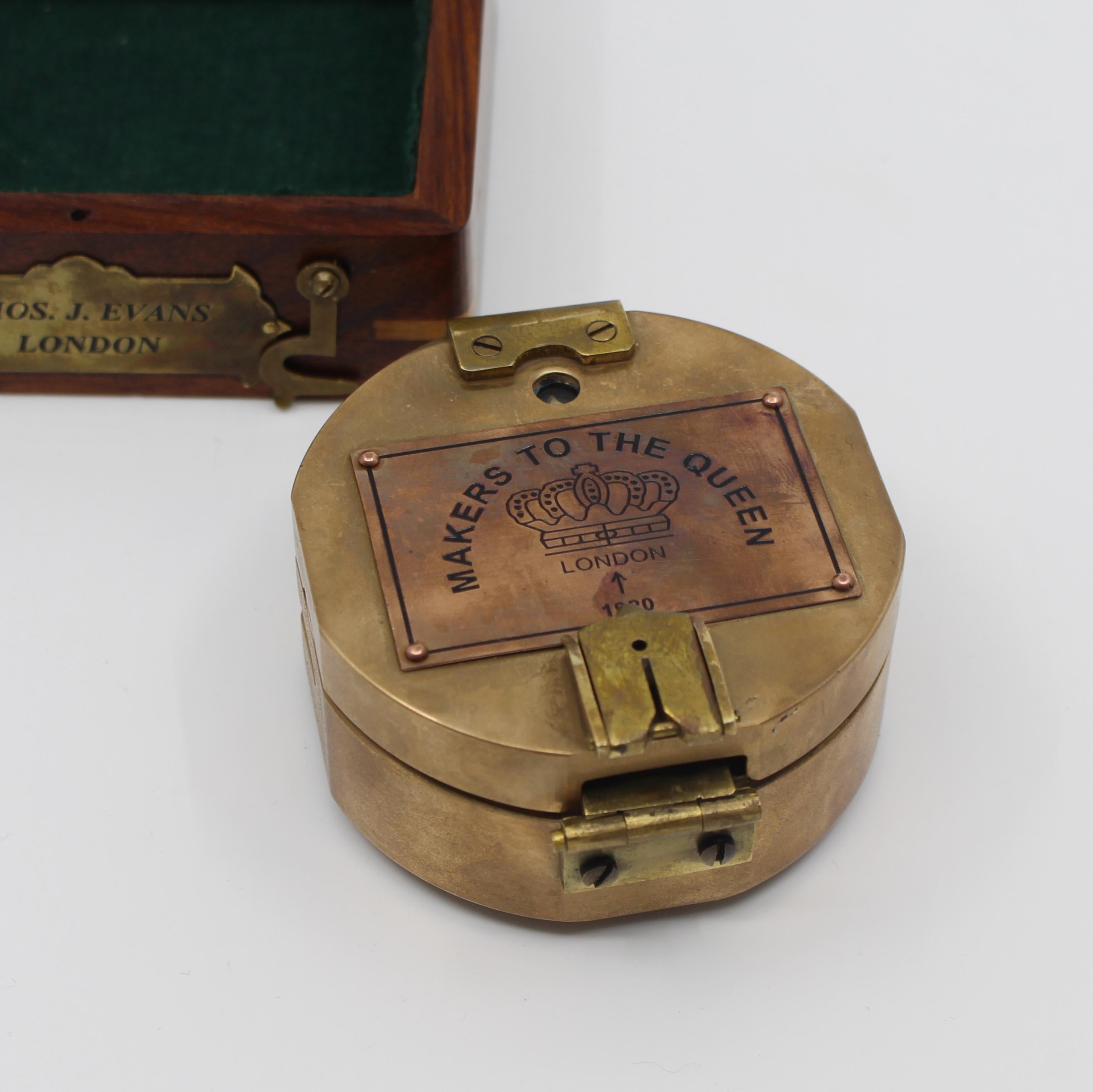 Period 20th century
Maker Thos.J.Evans, London
Case dimensions 11.5 x 10 x 6.5 cm
Condition: Good condition commensurate with age
 

 

Brass Brunton style compass by Thos.J.Evans. Plaque to top of compass reads 'Makers to the Queen
