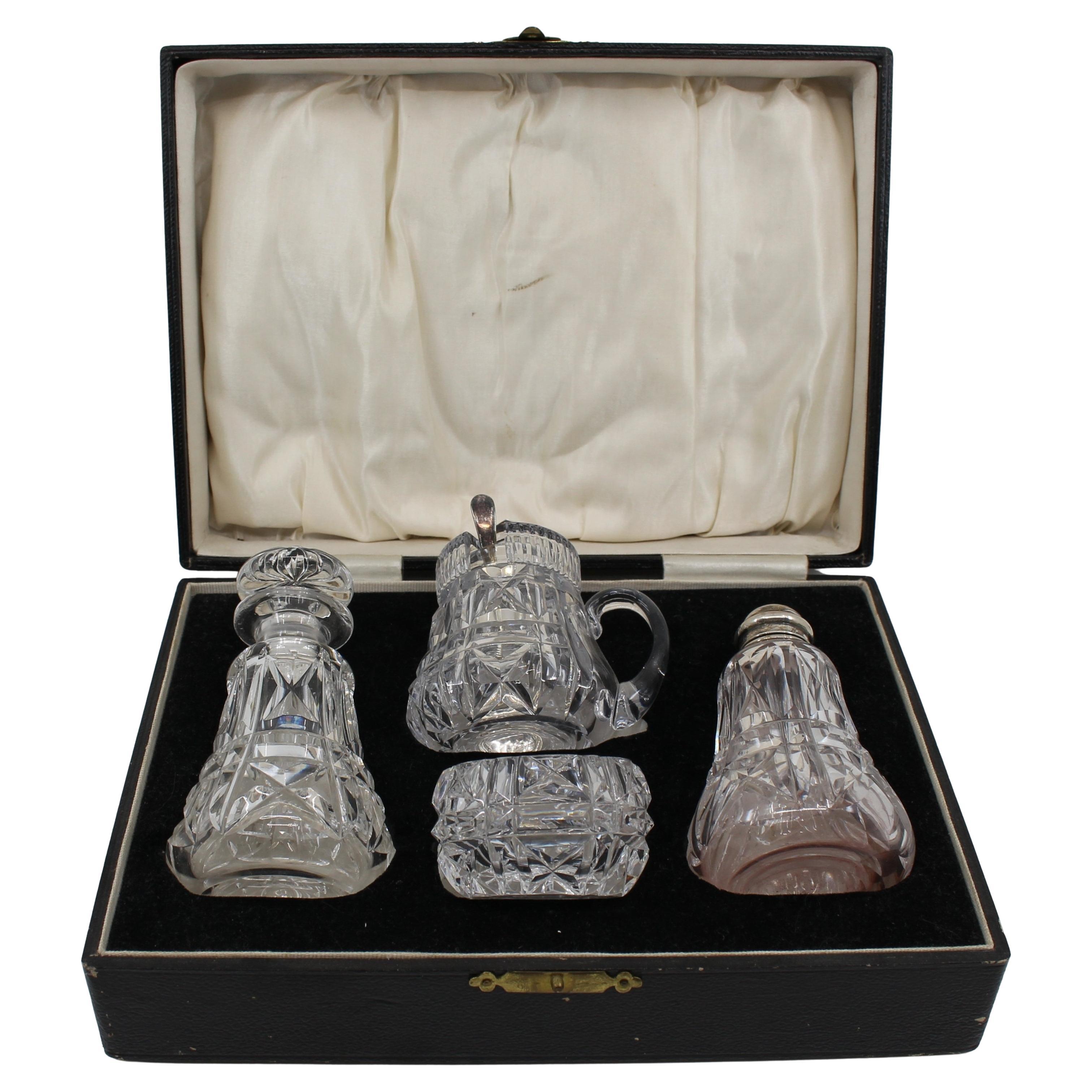 Cased John Walsh Crystal & Silver Cruet Set 1925 For Sale