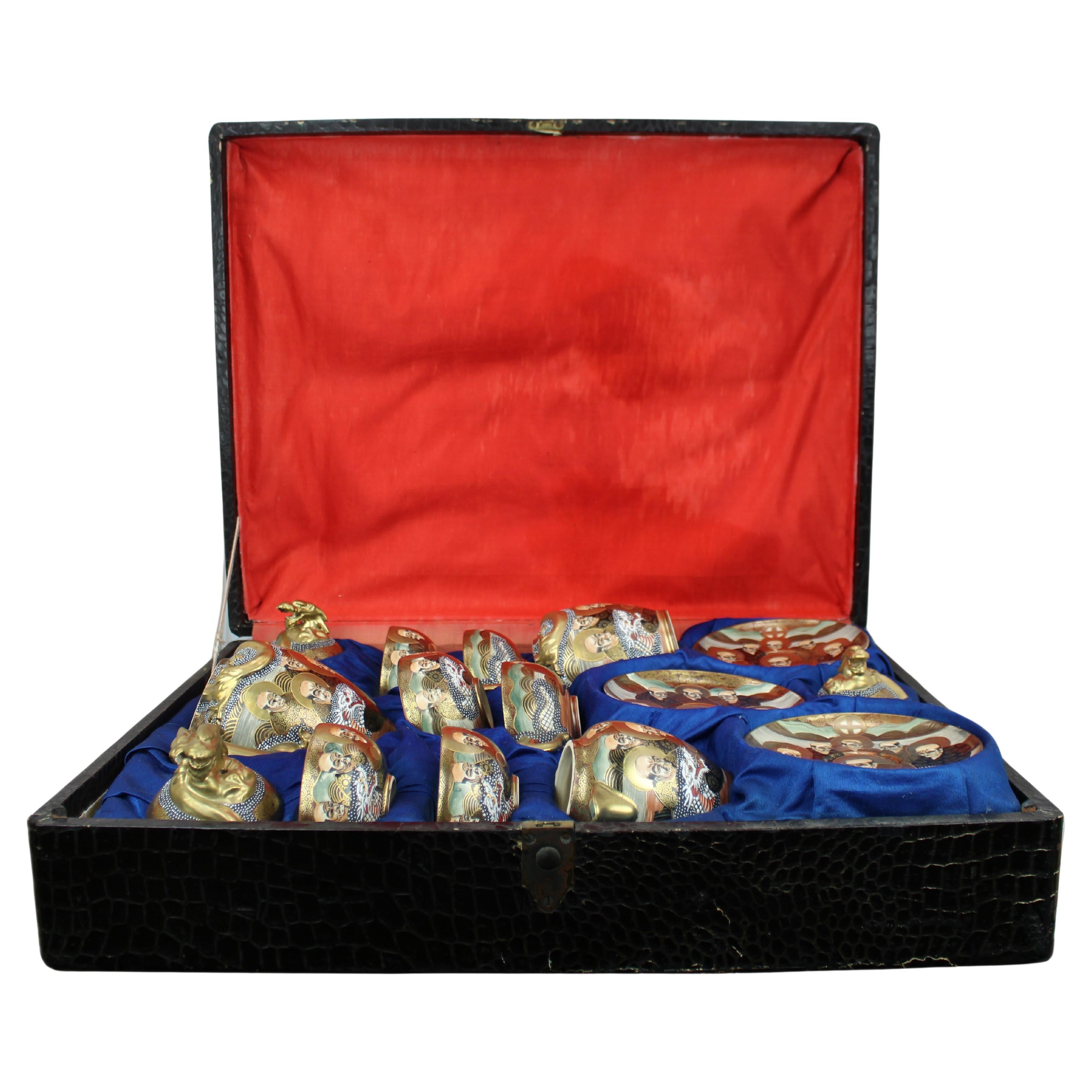 Cased Mid-20th Century Japanese Satsuma-style Moriage Dragonware Tea Set For Sale