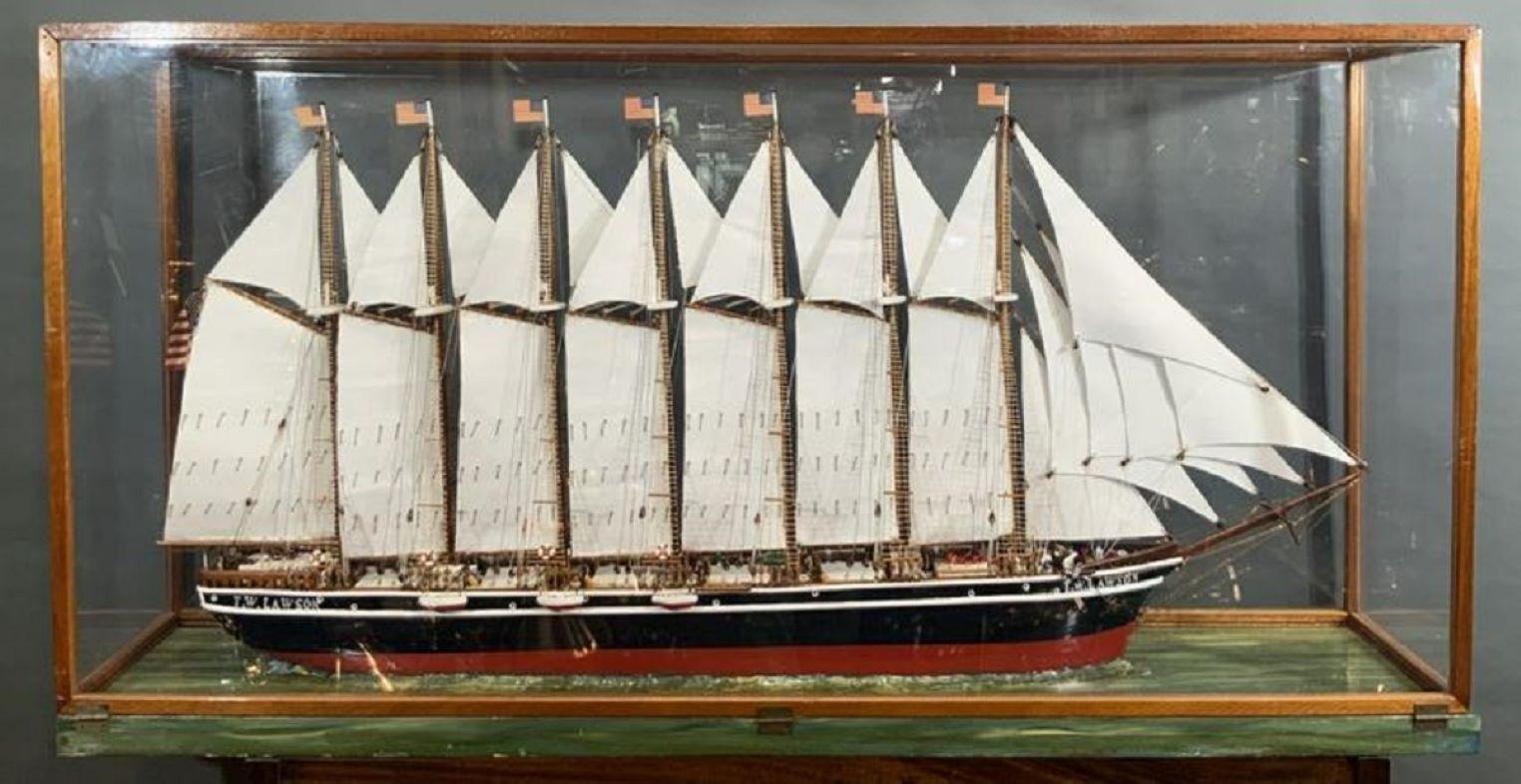 Cased model of the famous Quincy Mass built seven masted schooner Thomas W Lawson. Detailed with crew on deck and a full suit of sails. Fitted to a custom case.

Overall Dimensions: 54