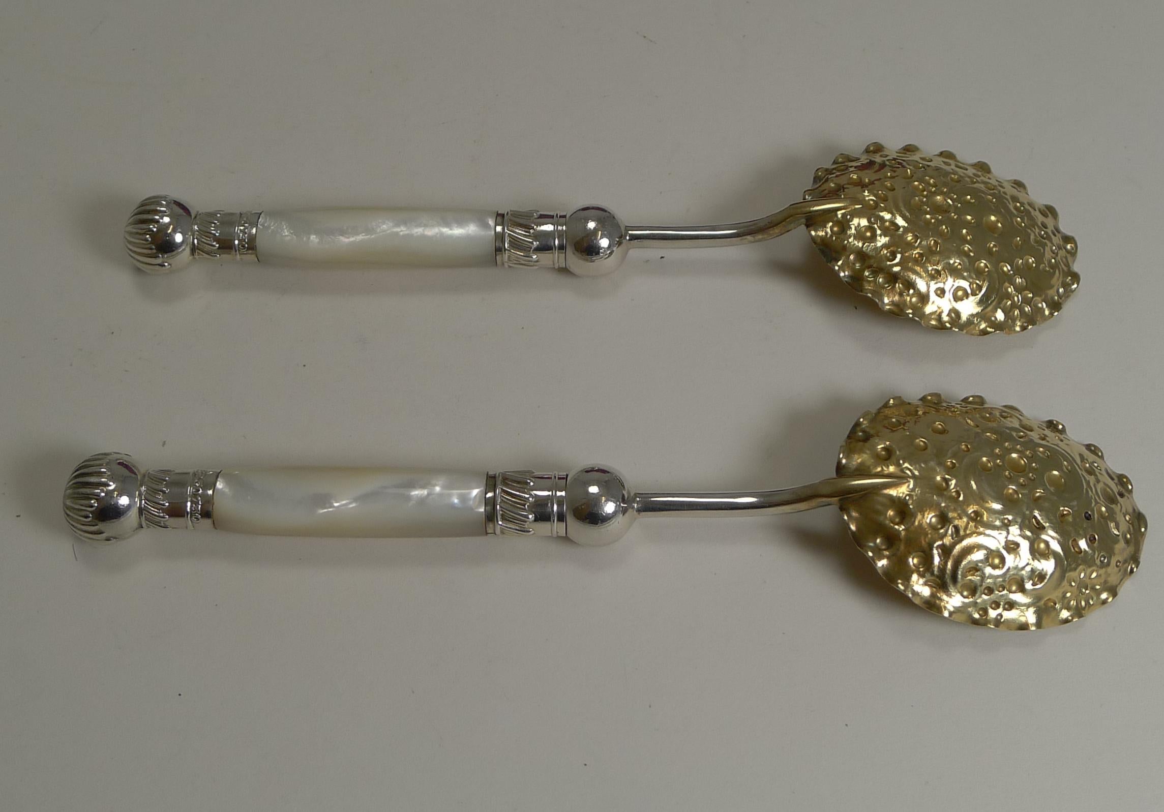Late Victorian Cased Pair Antique Mother of Pearl English Serving Spoons, Reg. for 1885