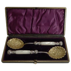 Cased Pair Antique Mother of Pearl English Serving Spoons, Reg. for 1885