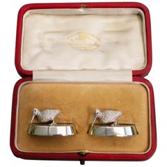 Antique Cased Pair of Edwardian Silver Woodcock Menu Holders by William Hornby London