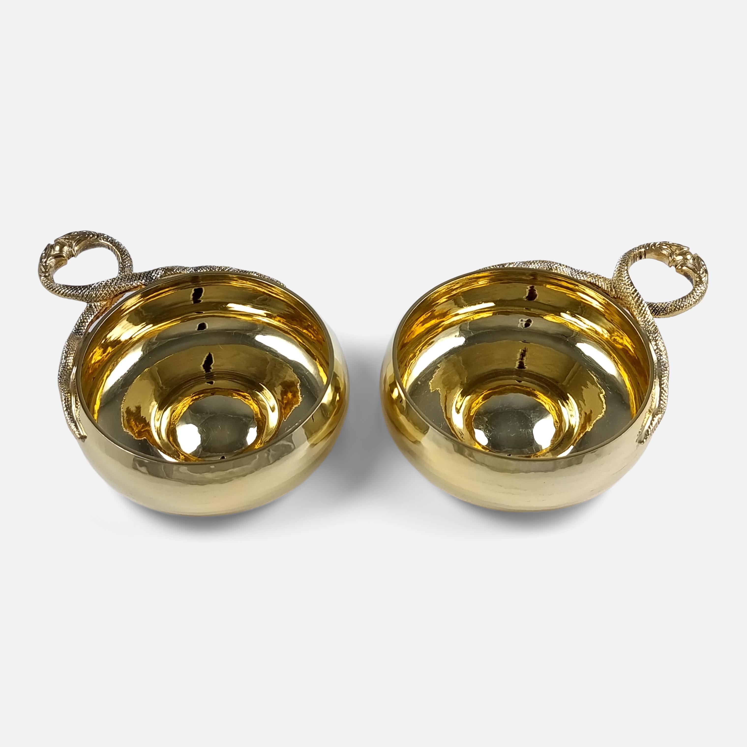 British Cased Pair of Sterling Silver-Gilt Wine Tasters, 1934