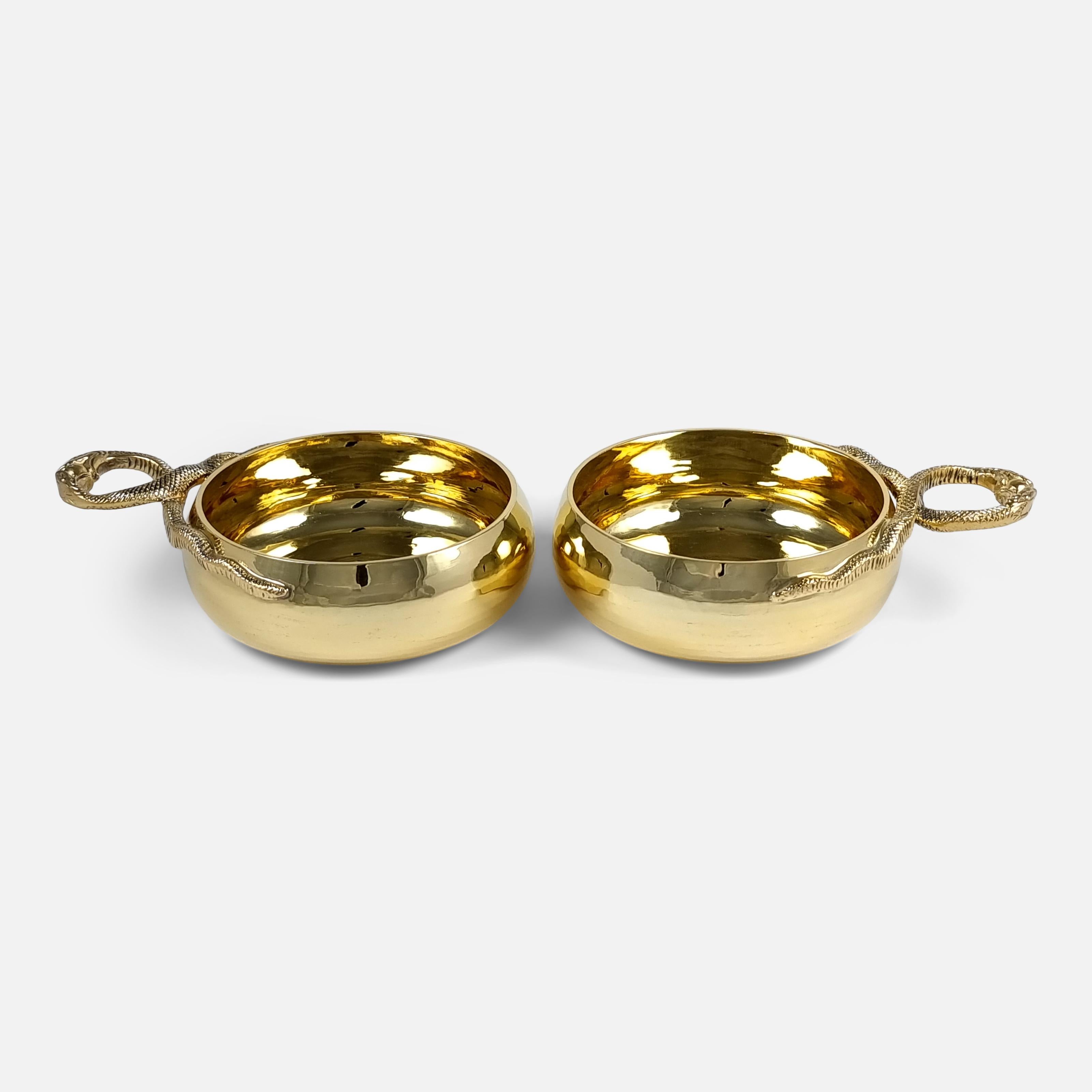 Mid-20th Century Cased Pair of Sterling Silver-Gilt Wine Tasters, 1934