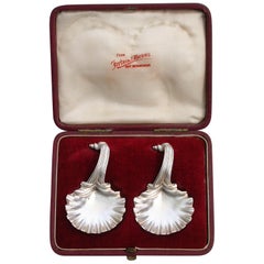 Cased Pair of Victorian Cast Silver Scallop Shell Caddy Spoons, 1892