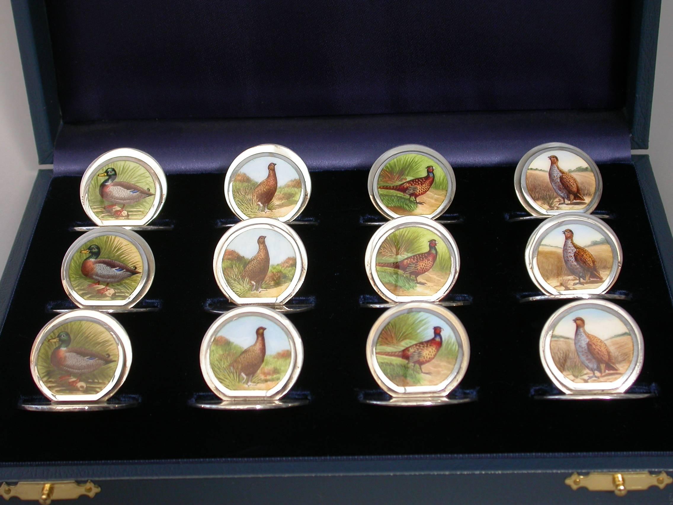 Cased Set 12 Silver and Enamel Bird Menu Holders, by Sampson Mordan 1904-1912 For Sale 3