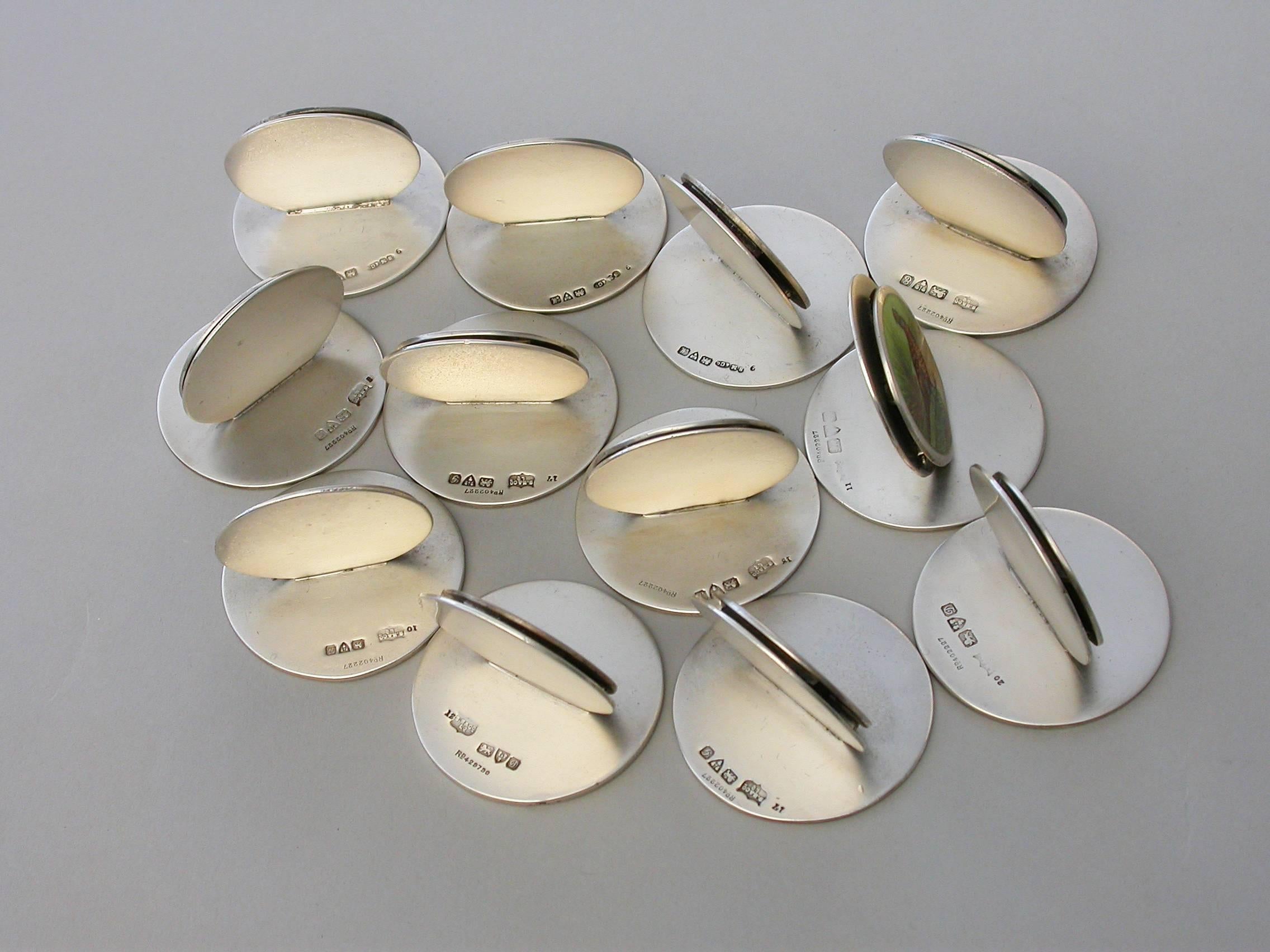 Cased Set 12 Silver and Enamel Bird Menu Holders, by Sampson Mordan 1904-1912 For Sale 7