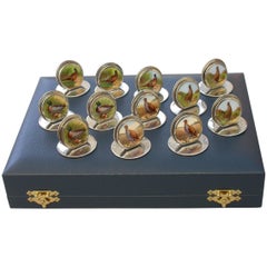Cased Set 12 Silver and Enamel Bird Menu Holders, by Sampson Mordan 1904-1912