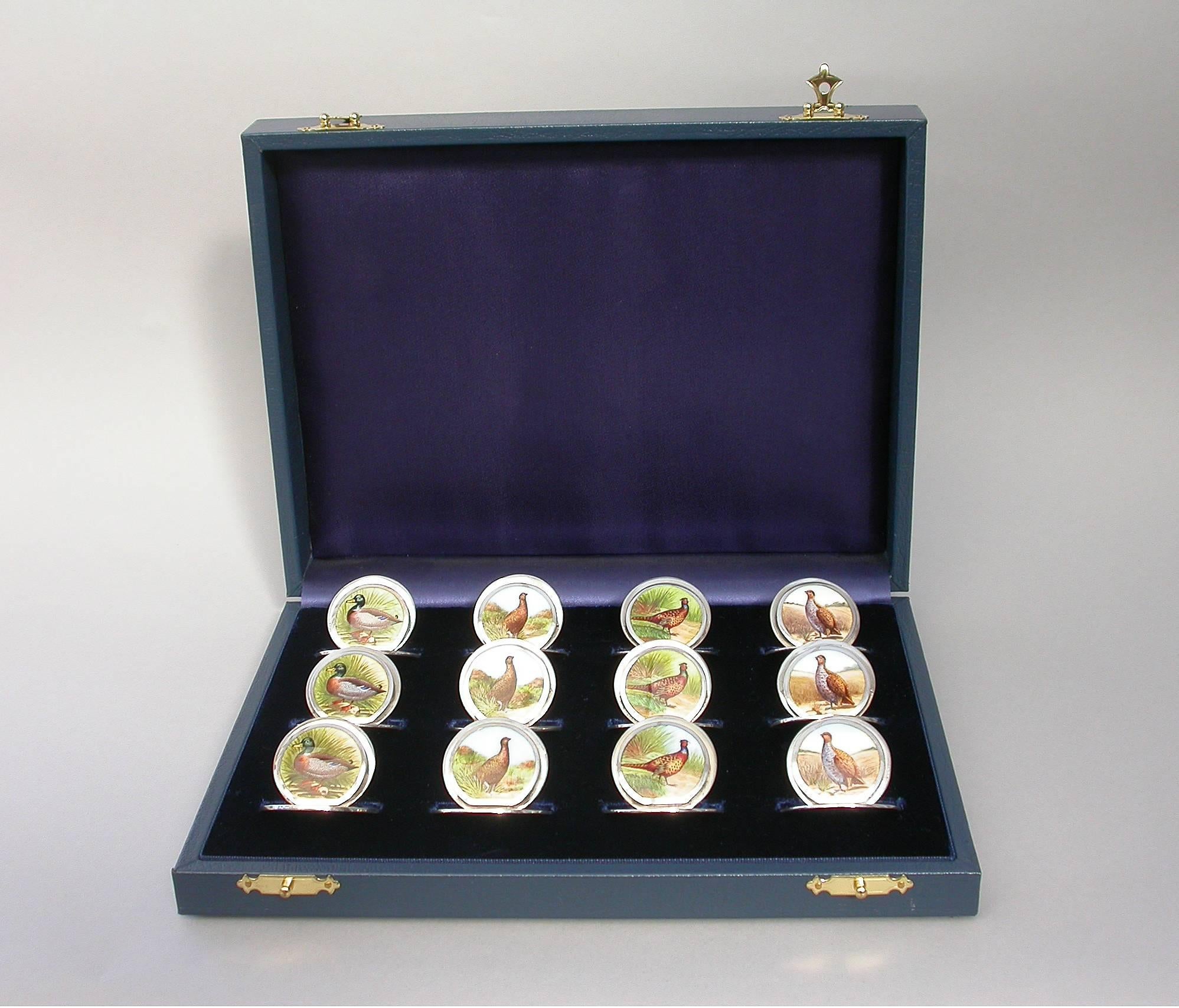 Cased Set 12 Silver and Enamel Bird Menu Holders, by Sampson Mordan 1904-1912 For Sale 1