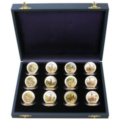 Antique Cased Set 12 Silver and Enamel Bird Menu Holders, by Sampson Mordan 1904-1912