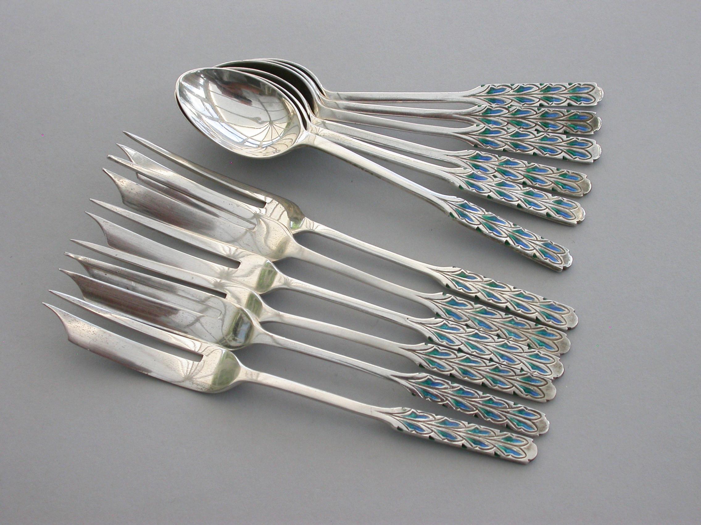 Cased Set 12 Silver and Enamel Pastry Spoons & Forks by Liberty & Co, 1927-1928 For Sale 4